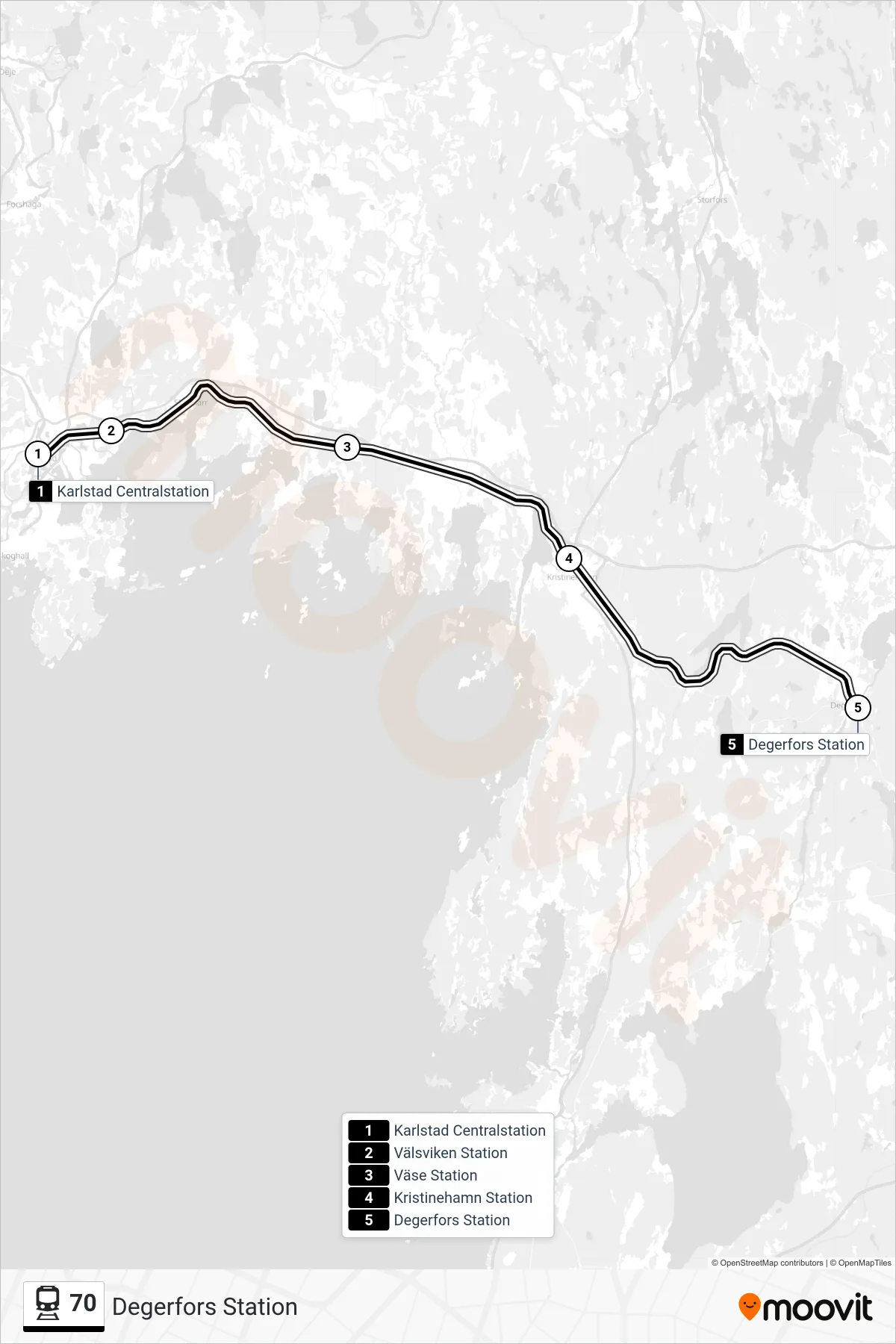 Rutt och hållplatser på karta för linje 70 spårvagn, (Degerfors Station)
