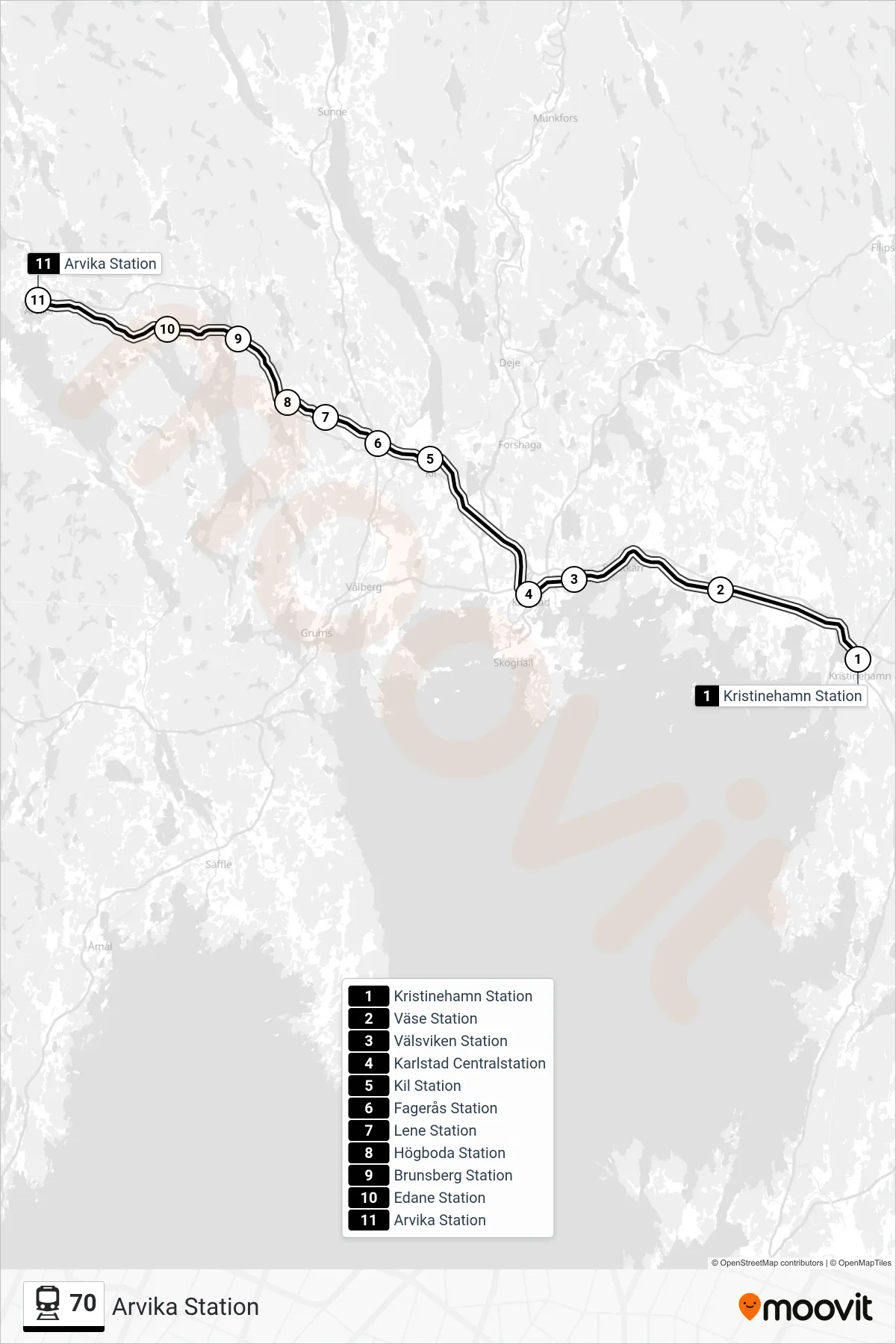 Rutt och hållplatser på karta för linje 70 spårvagn, (Arvika Station)