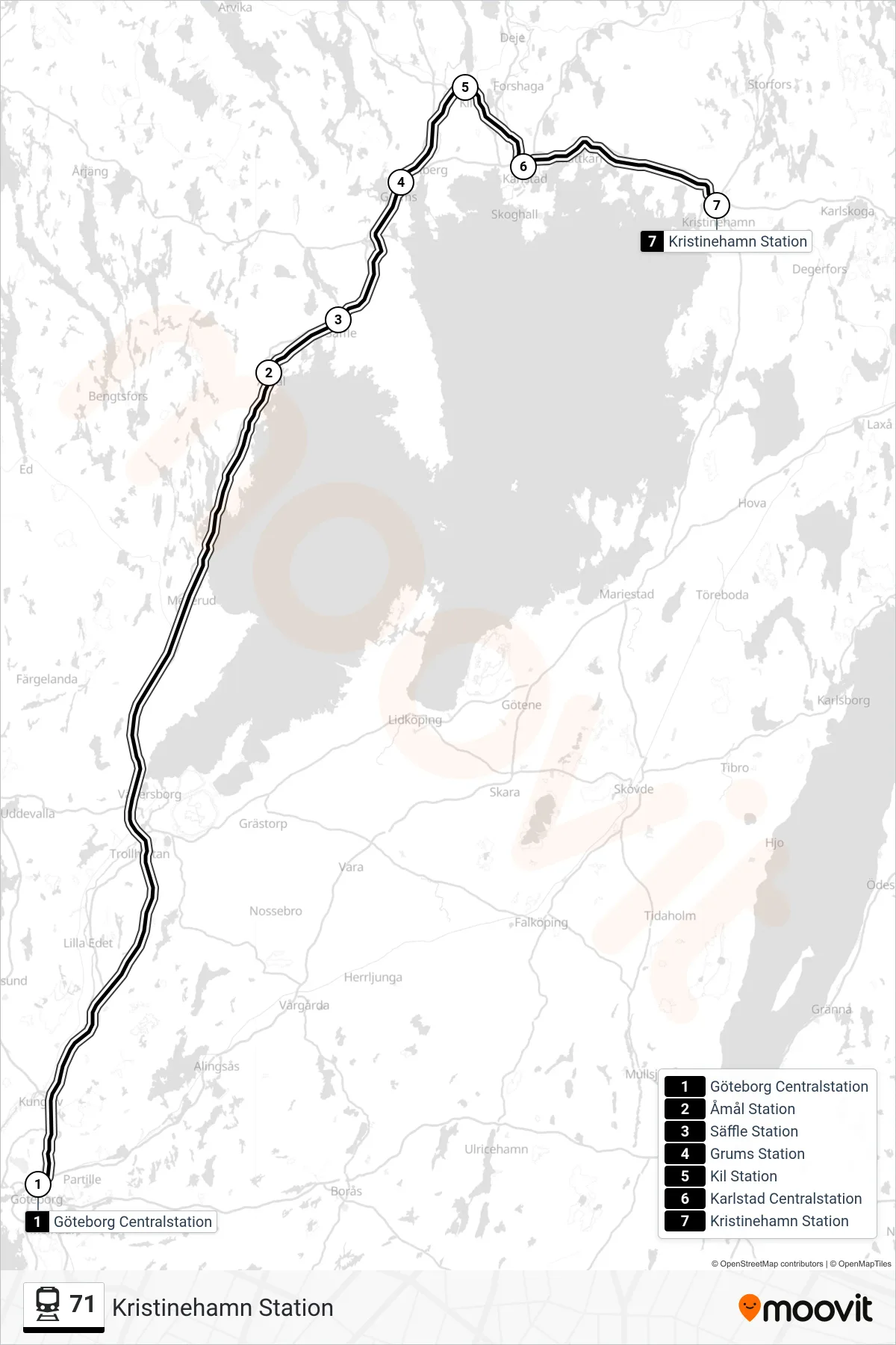 Rutt och hållplatser på karta för linje 71  spårvagn, (Kristinehamn Station)