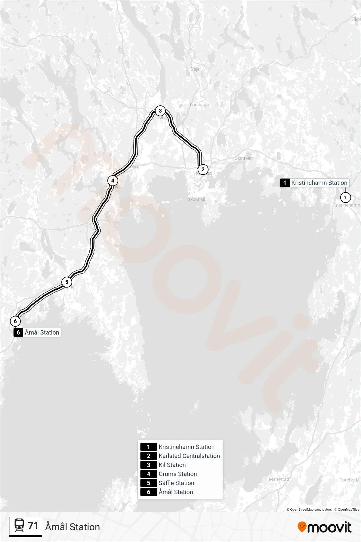 Rutt och hållplatser på karta för linje 71  spårvagn, (Åmål Station)