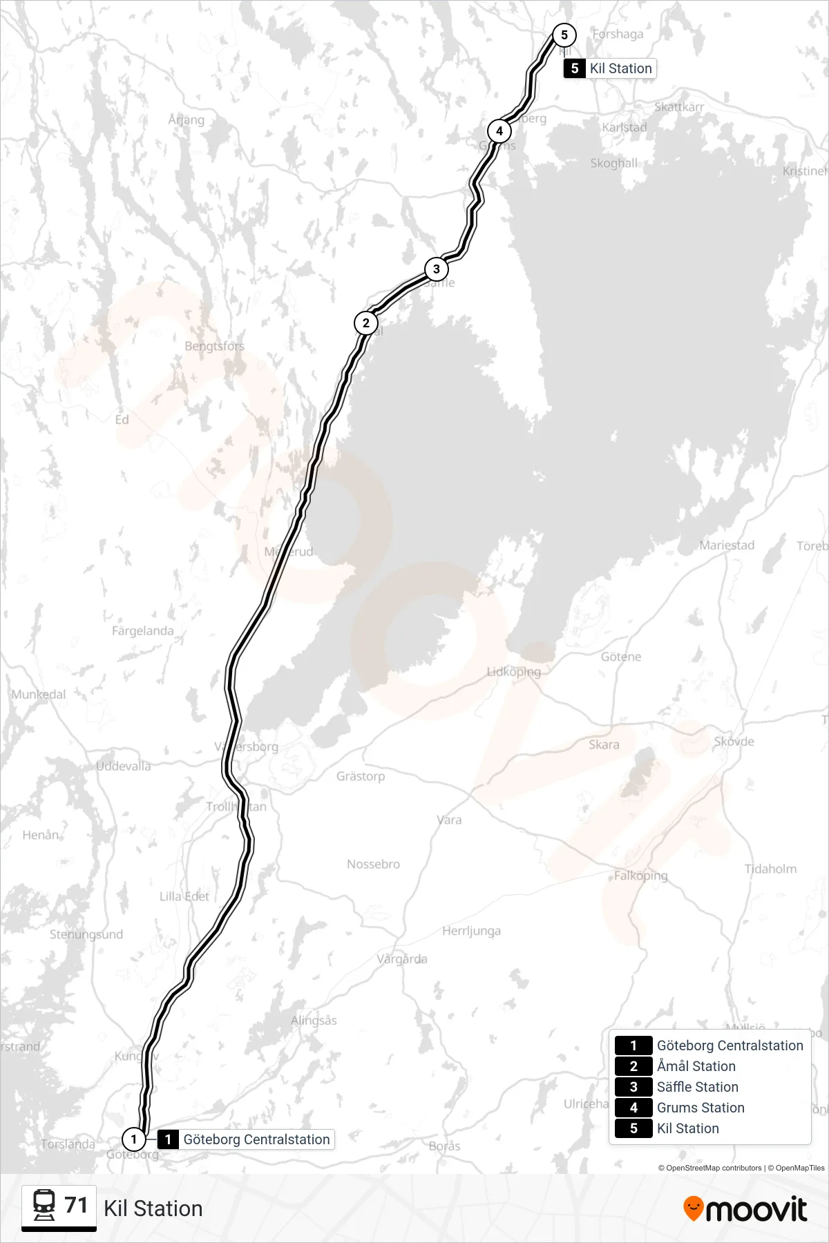 Rutt och hållplatser på karta för linje 71 spårvagn, (Kil Station)