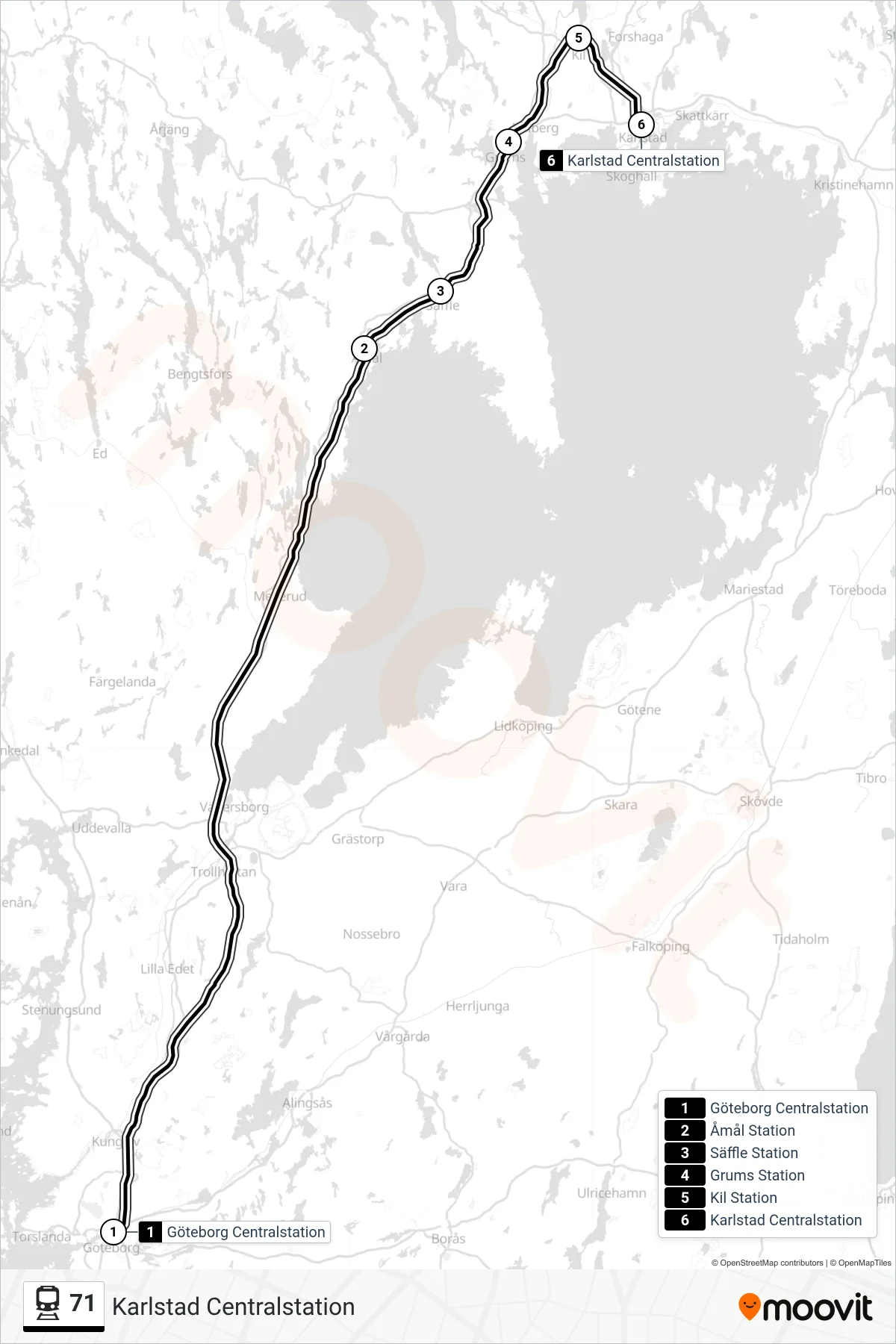 Rutt och hållplatser på karta för linje 71  spårvagn, (Karlstad Centralstation)