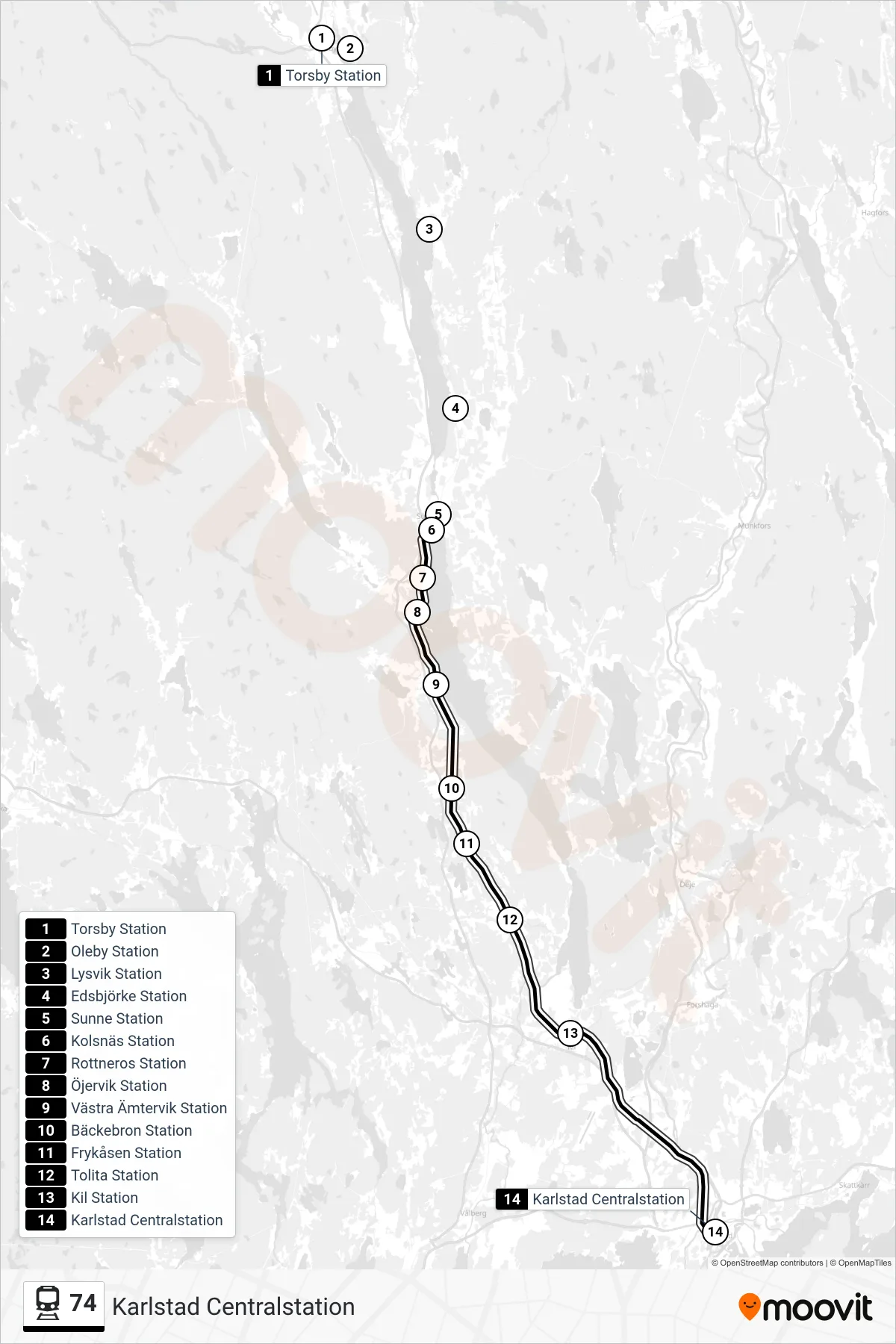 Rutt och hållplatser på karta för linje 74  spårvagn, (Karlstad Centralstation)