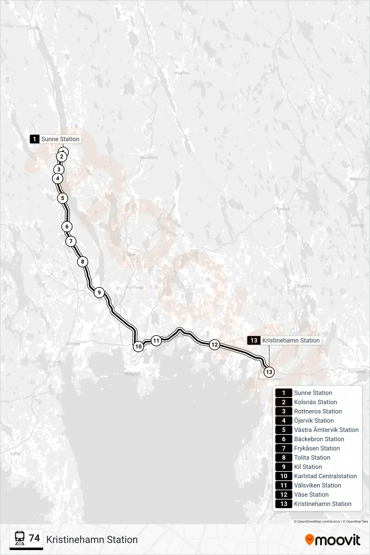 Rutt och hållplatser på karta för linje 74 spårvagn, (Kristinehamn Station)