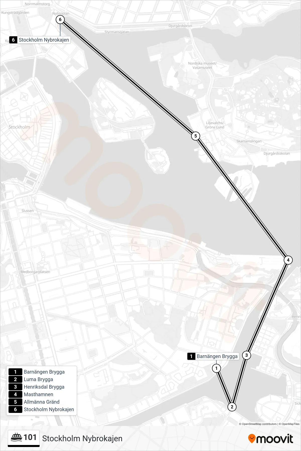 Rutt och hållplatser på karta för linje 101 färja, (Stockholm Nybrokajen)