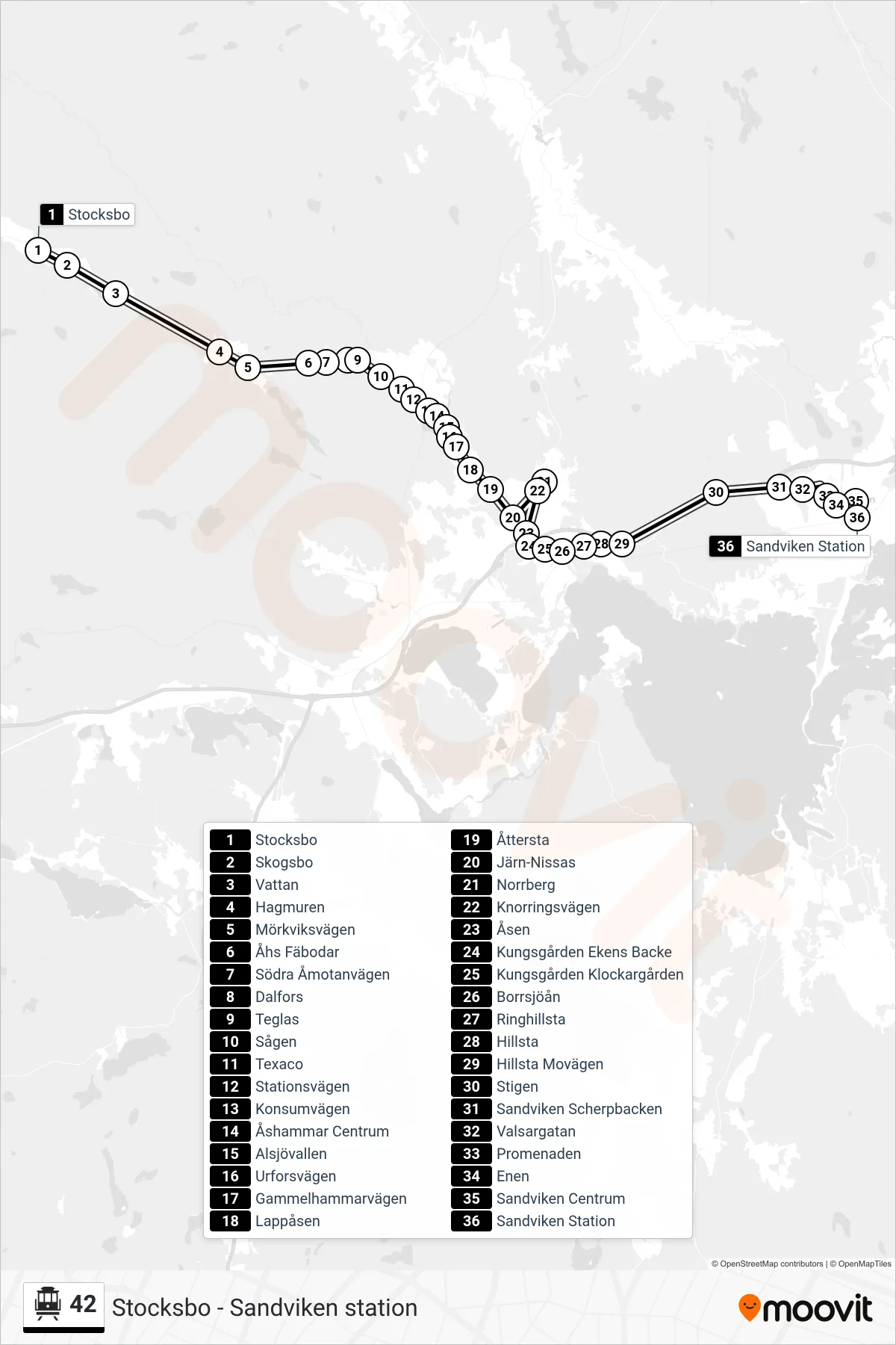Rutt och hållplatser på karta för linje 42 spårvagn, (Sandviken Station)