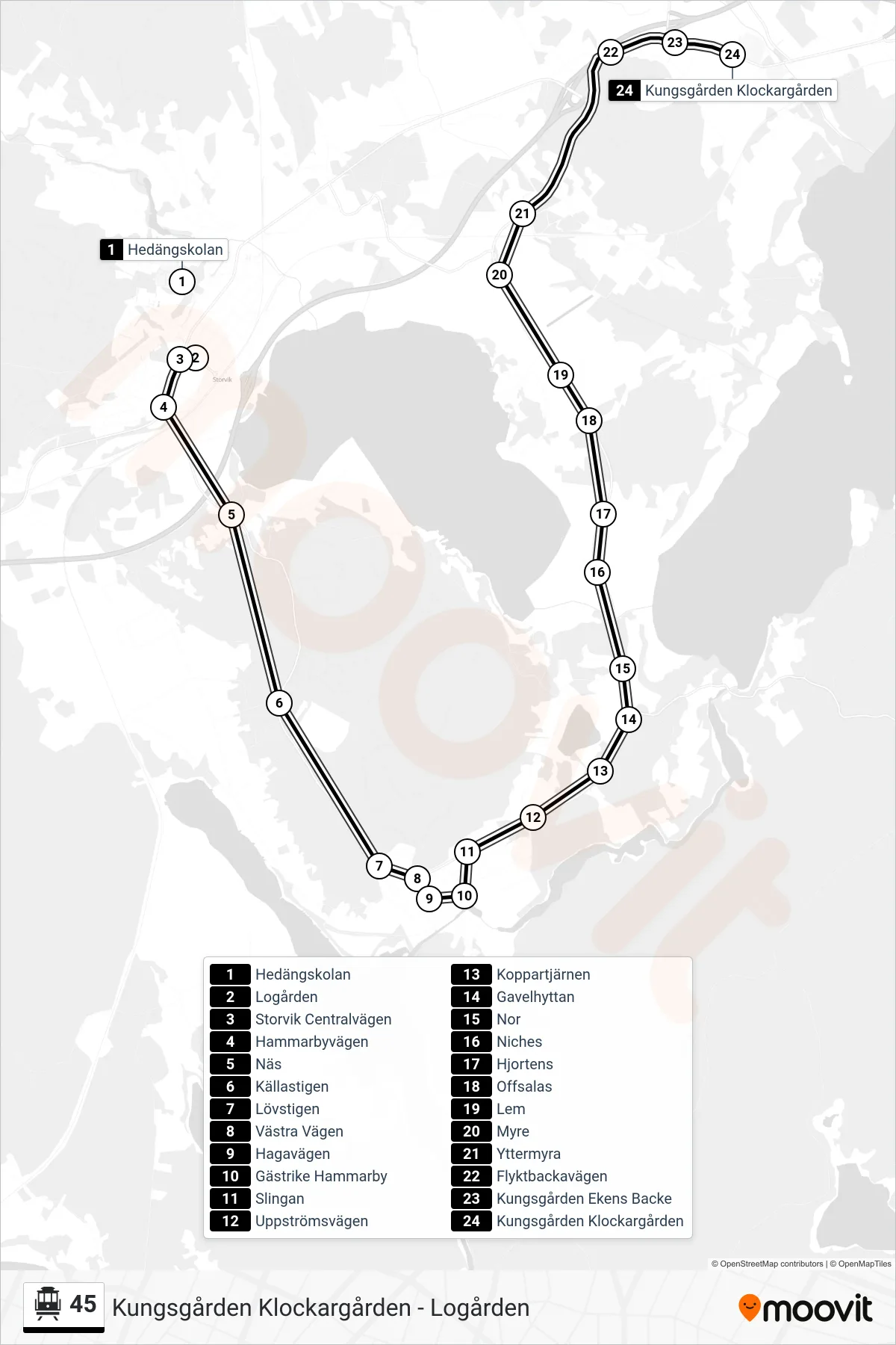 Rutt och hållplatser på karta för linje 45  spårvagn, (Kungsgården Klockargården)