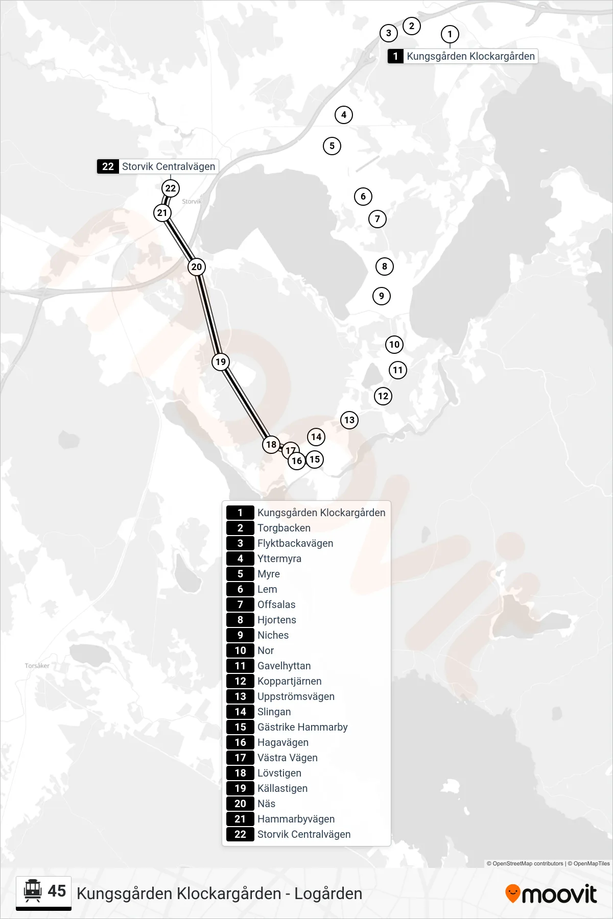 Rutt och hållplatser på karta för linje 45 spårvagn, (Storvik Centralvägen)