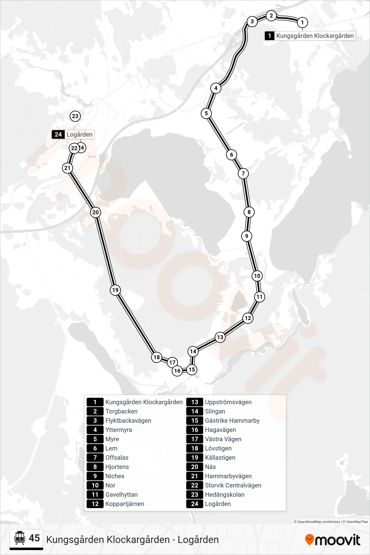 Rutt och hållplatser på karta för linje 45 spårvagn, (Logården)