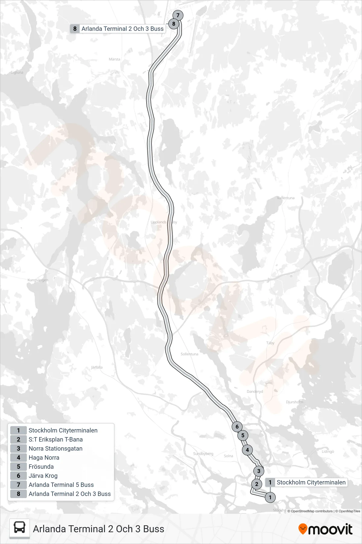 Rutt och hållplatser på karta för linje 960 buss, (Arlanda Terminal 2 Och 3 Buss)