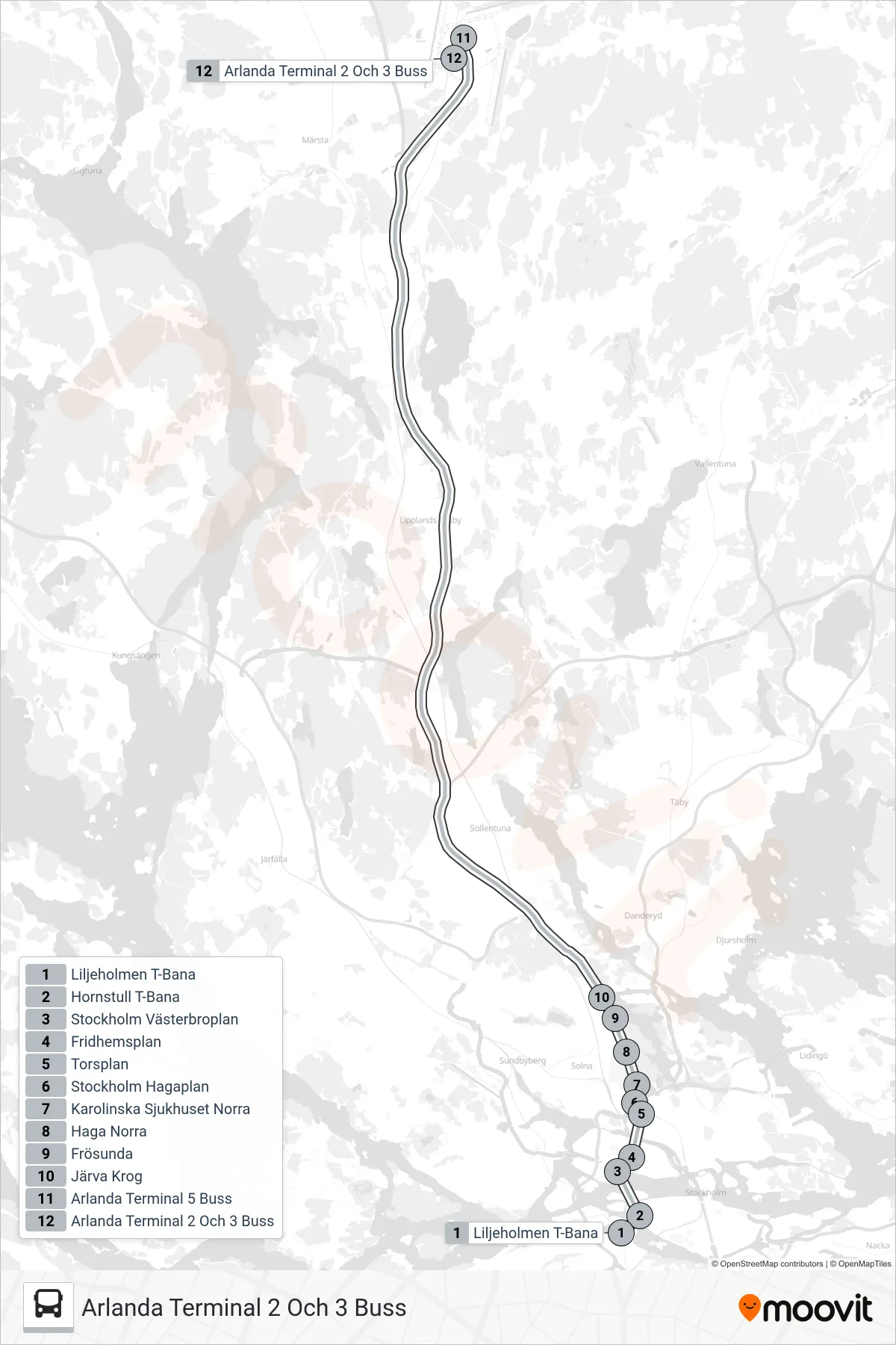 Rutt och hållplatser på karta för linje 984  buss, (Arlanda Terminal 2 Och 3 Buss)