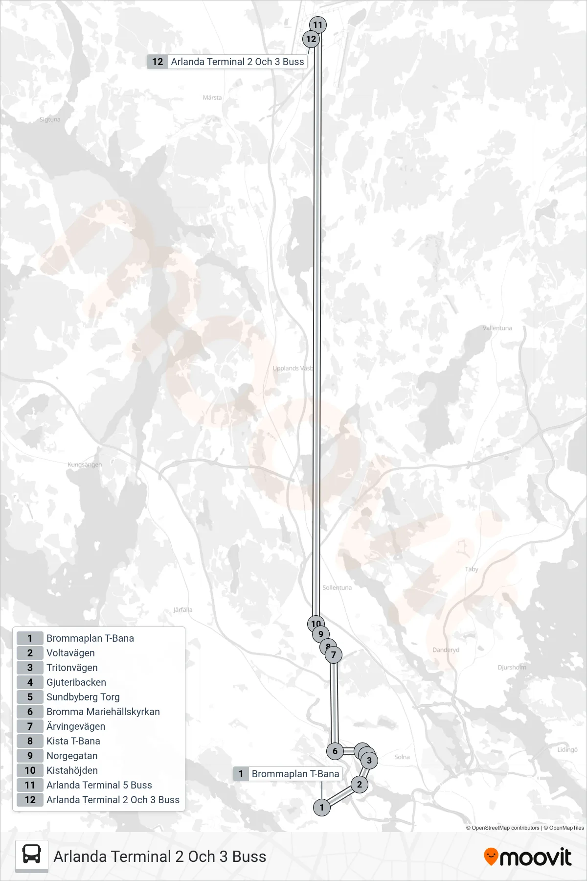 Rutt och hållplatser på karta för linje 985  buss, (Arlanda Terminal 2 Och 3 Buss)