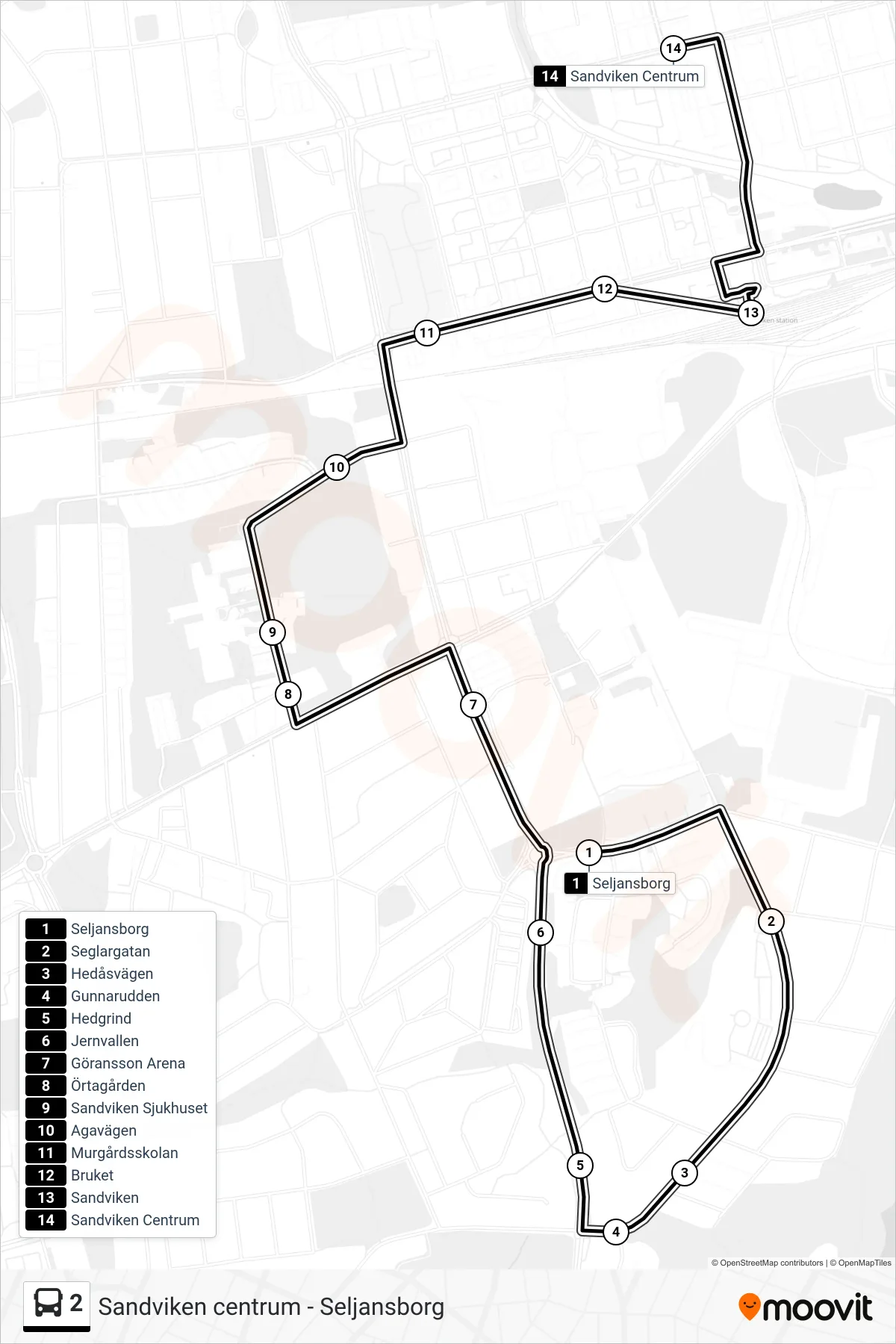 Rutt och hållplatser på karta för linje 2  spårvagn, (Sandviken Centrum)