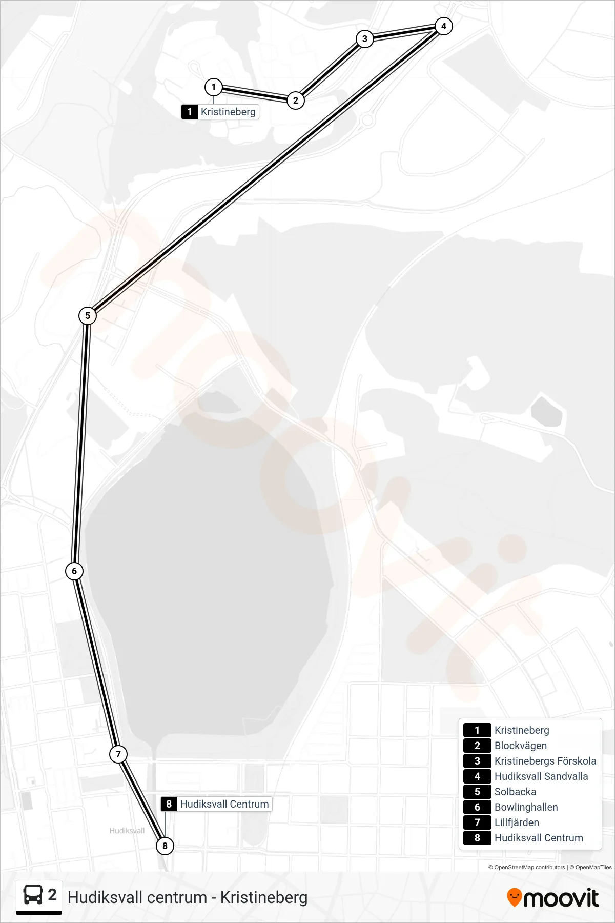 Rutt och hållplatser på karta för linje 2  spårvagn, (Hudiksvall Centrum)
