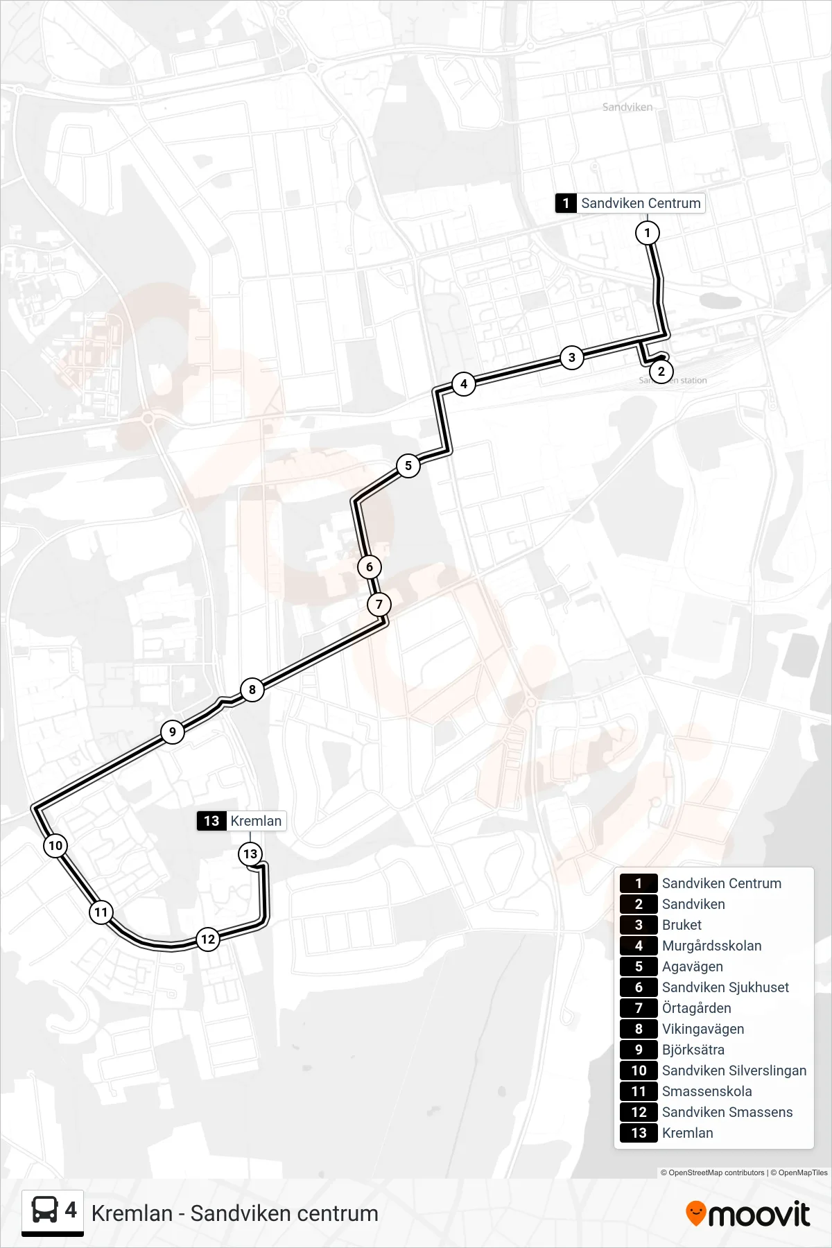 Rutt och hållplatser på karta för linje 4  spårvagn, (Kremlan)
