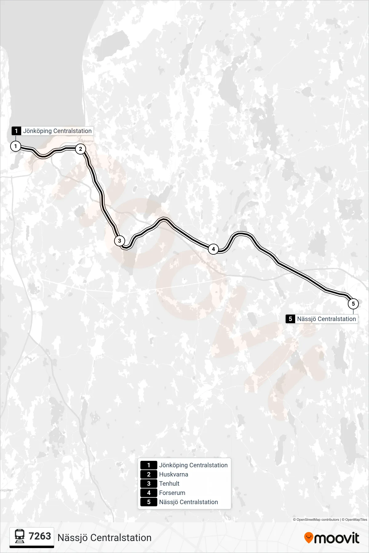 Rutt och hållplatser på karta för linje 7263  spårvagn, (Nässjö Centralstation)
