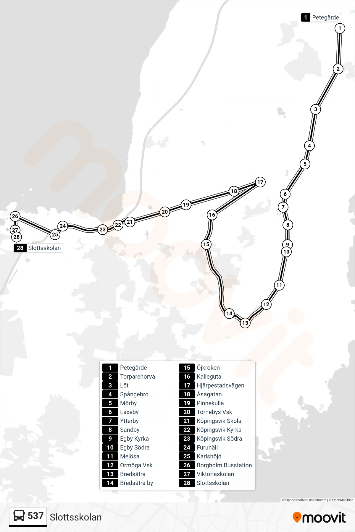 Rutt och hållplatser på karta för linje 537  buss, (Slottsskolan)