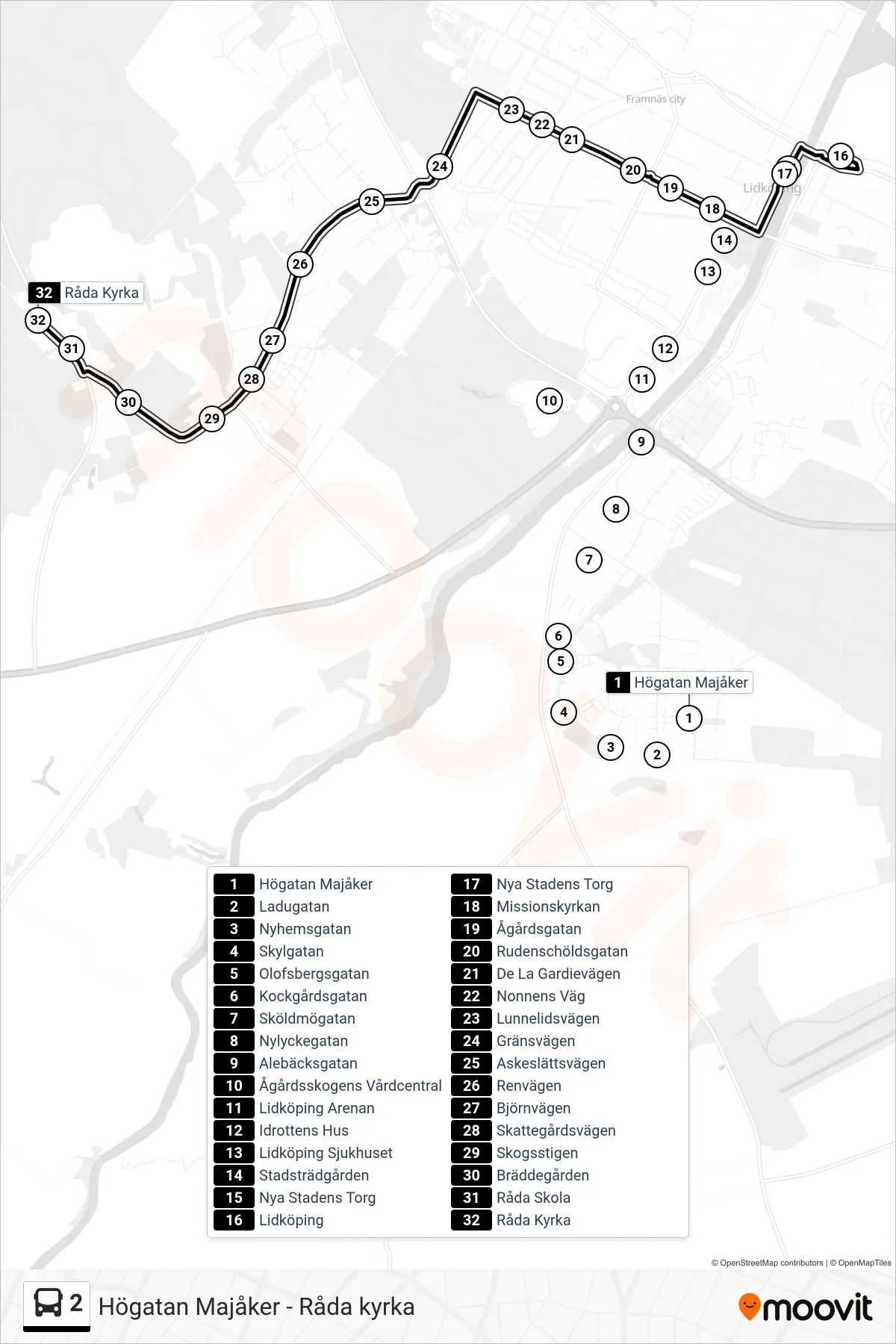 Rutt och hållplatser på karta för linje 2 buss, (Råda Kyrka)