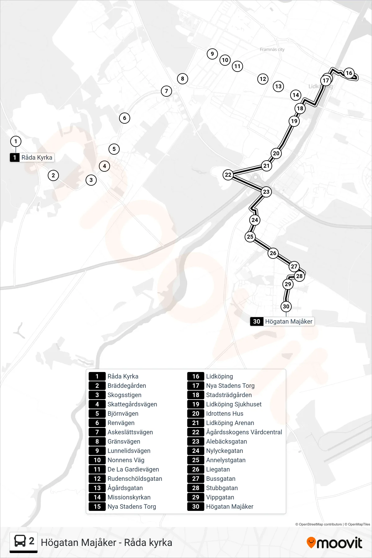 Rutt och hållplatser på karta för linje 2  buss, (Högatan Majåker)