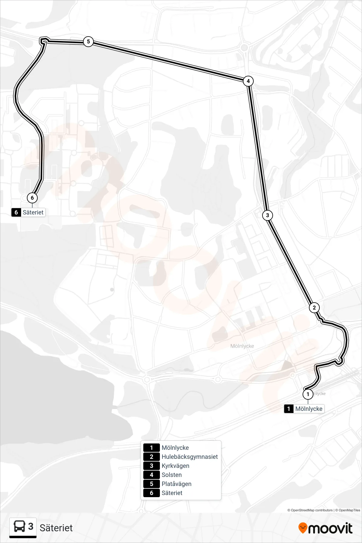 Rutt och hållplatser på karta för linje 3 buss, (Säteriet)