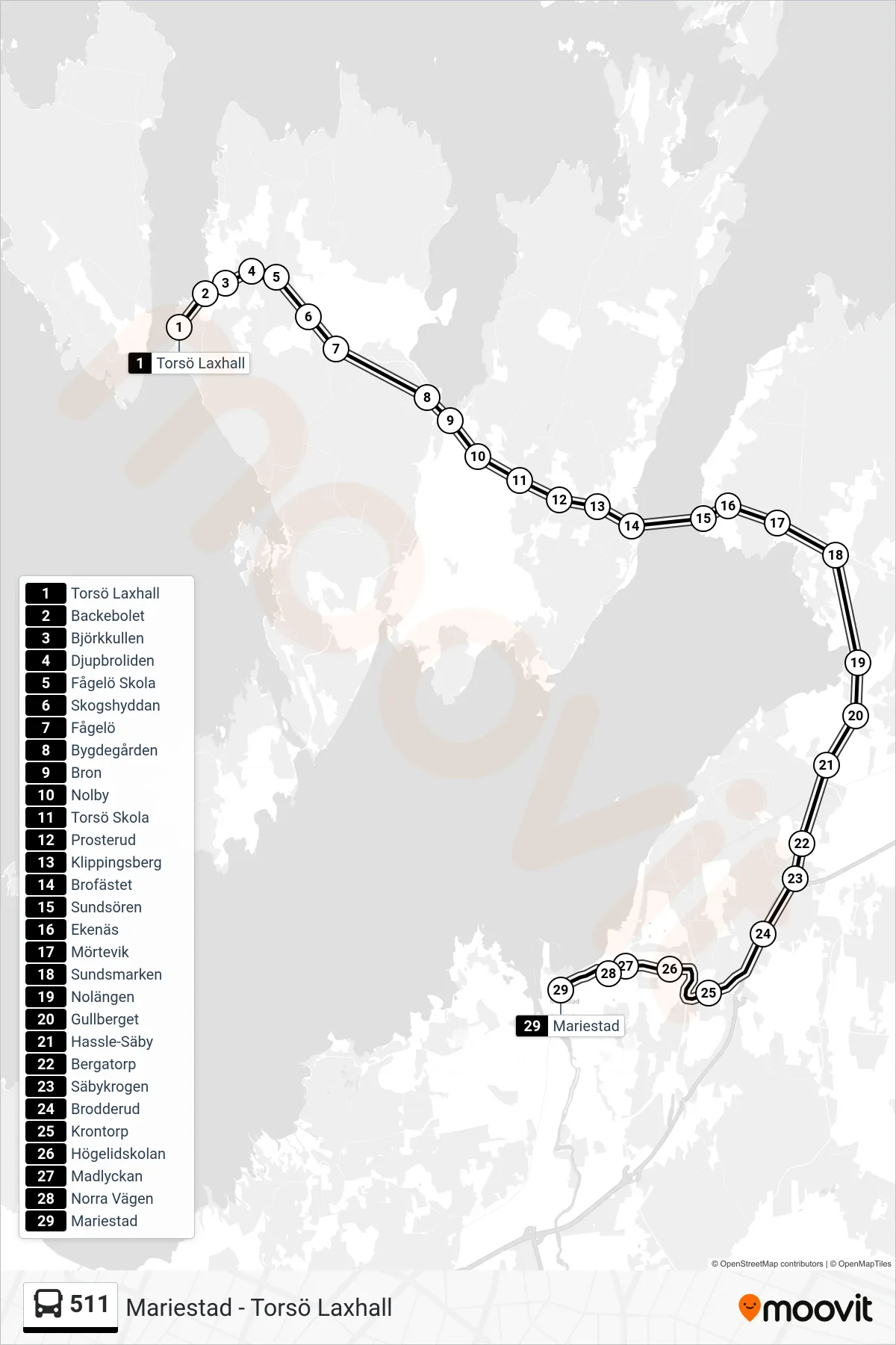 Rutt och hållplatser på karta för linje 511  buss, (Mariestad Station)