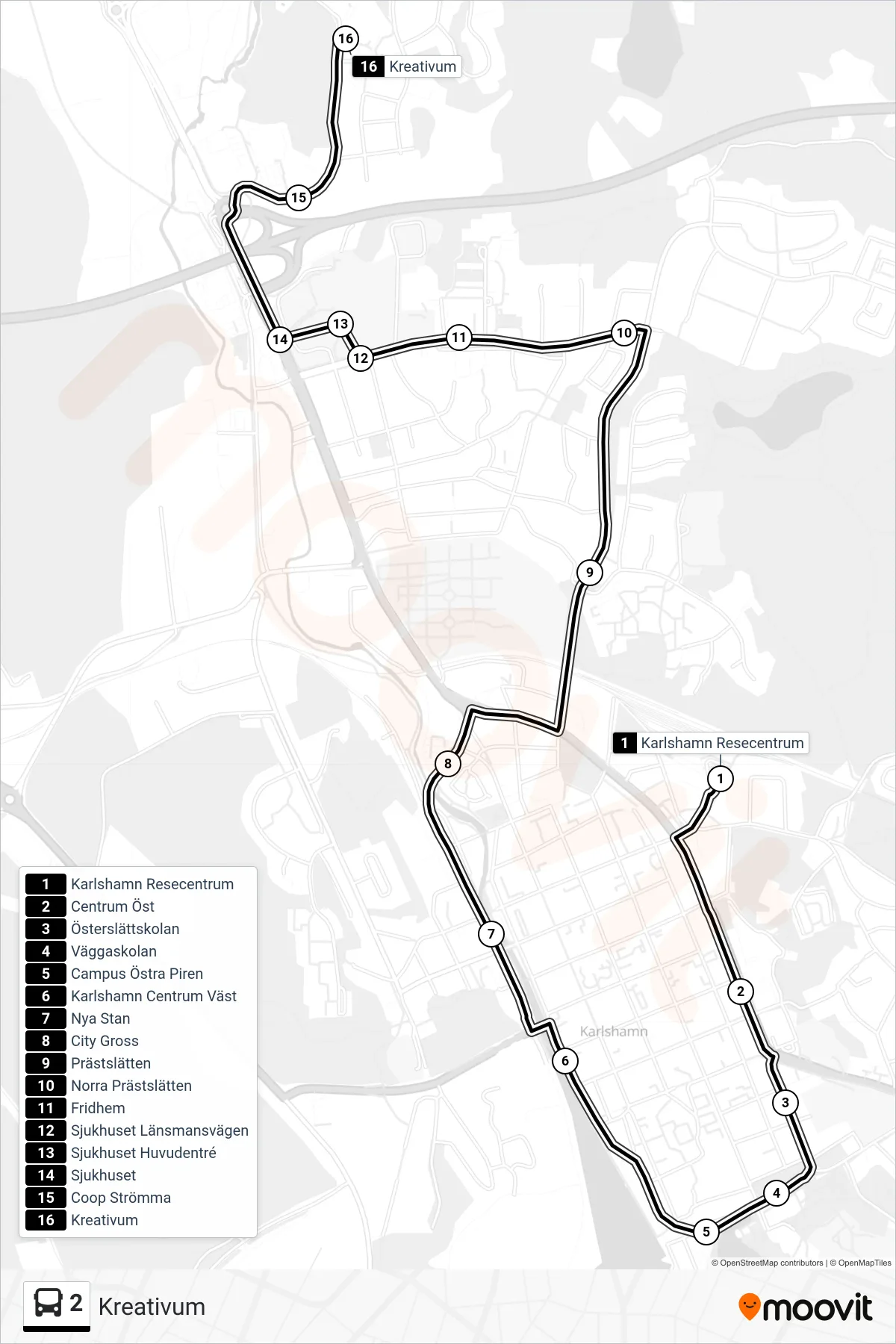 Rutt och hållplatser på karta för linje 2 spårvagn, (Kreativum)