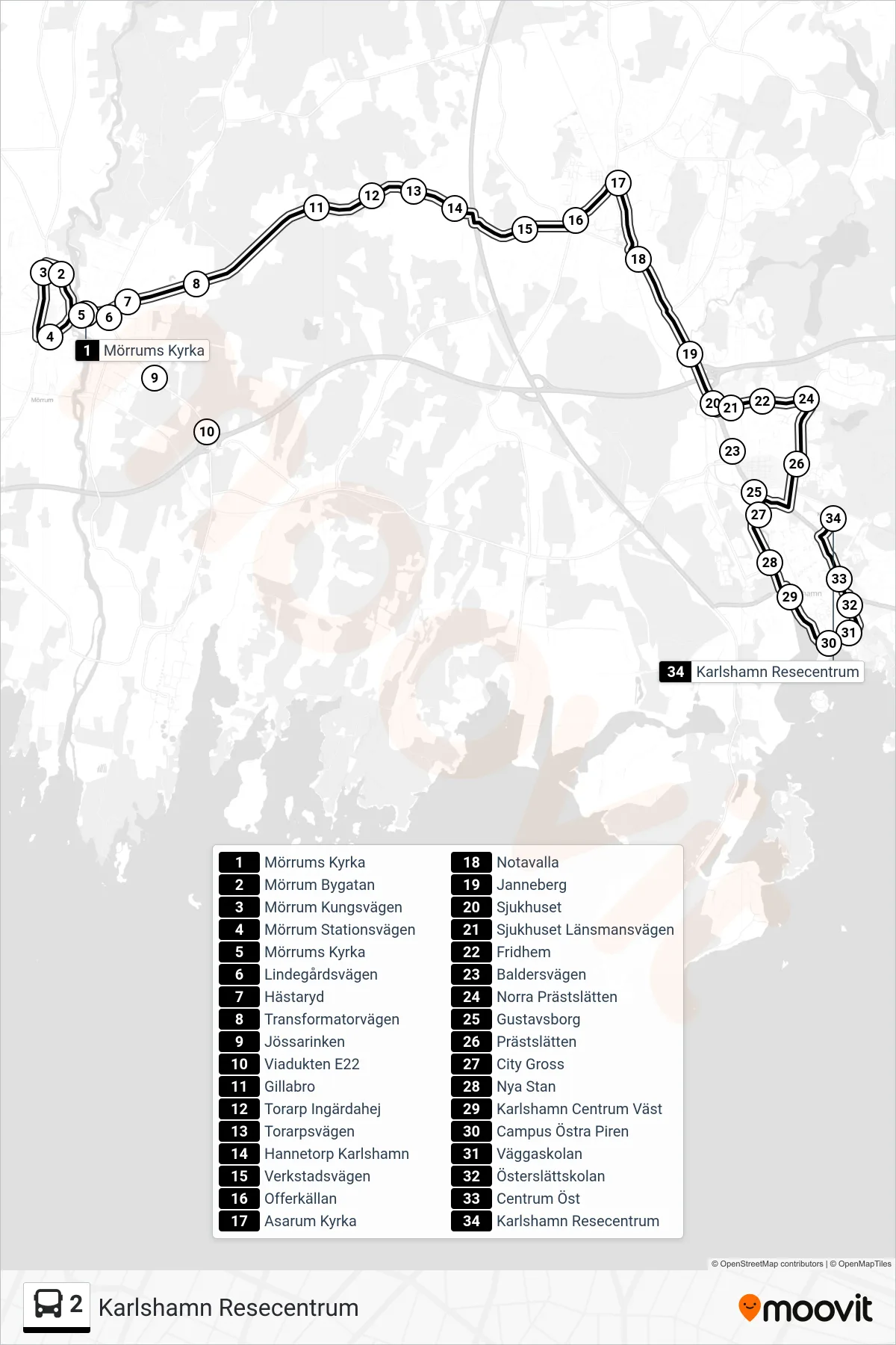 Rutt och hållplatser på karta för linje 2  spårvagn, (Karlshamn Resecentrum)