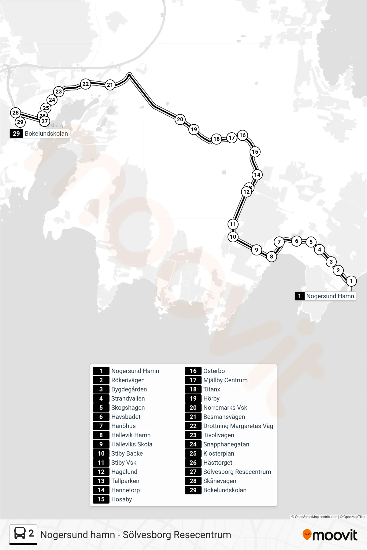 Rutt och hållplatser på karta för linje 2 spårvagn, (Bokelundskolan)