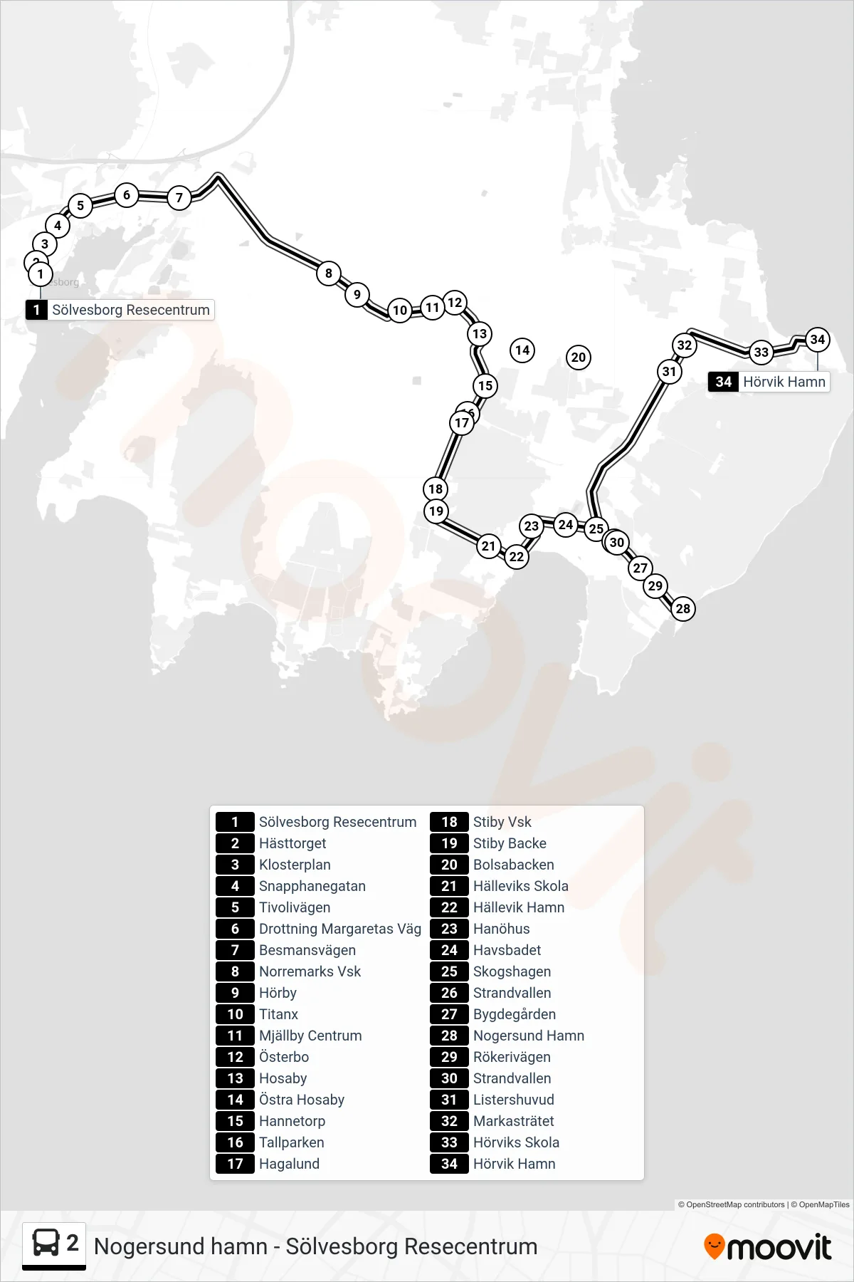 Rutt och hållplatser på karta för linje 2 spårvagn, (Hörvik Hamn)