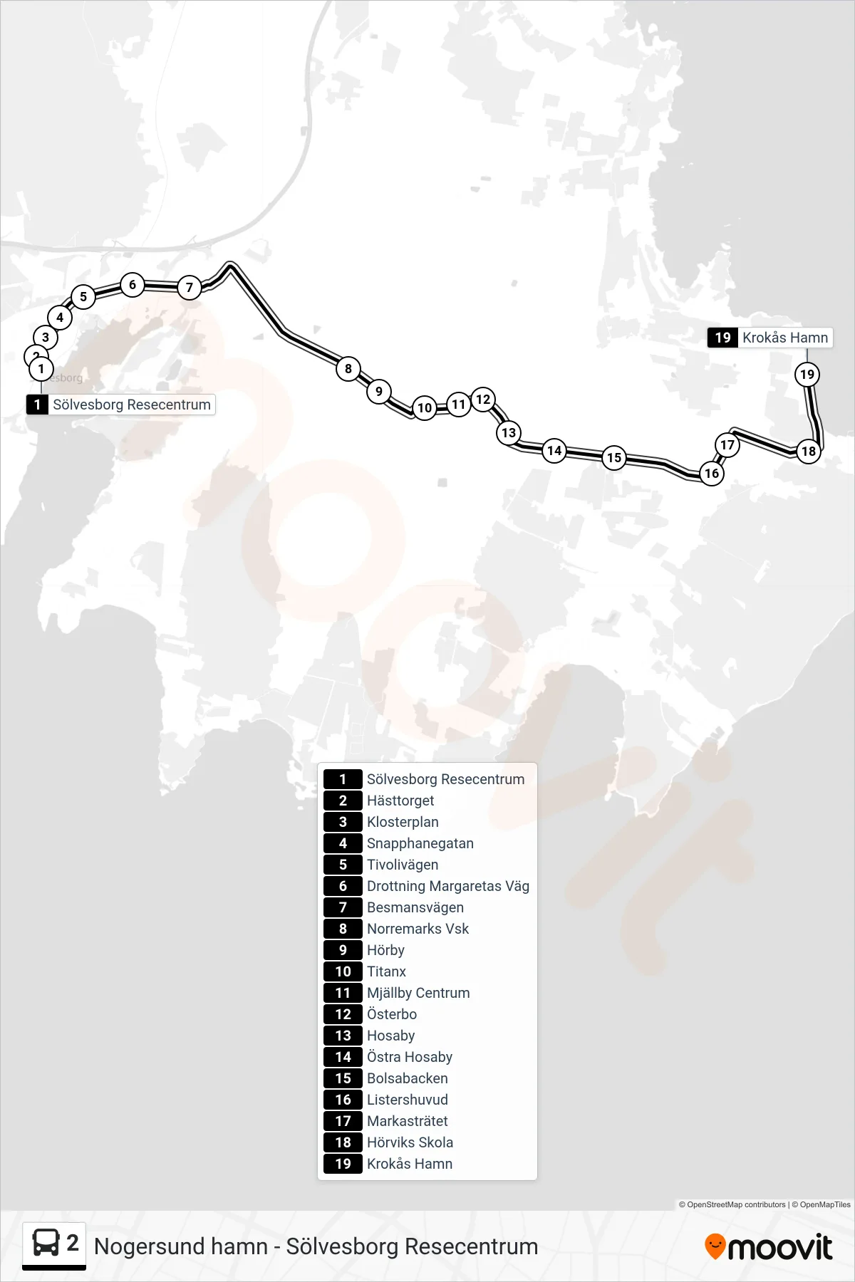 Rutt och hållplatser på karta för linje 2 spårvagn, (Krokås Hamn)