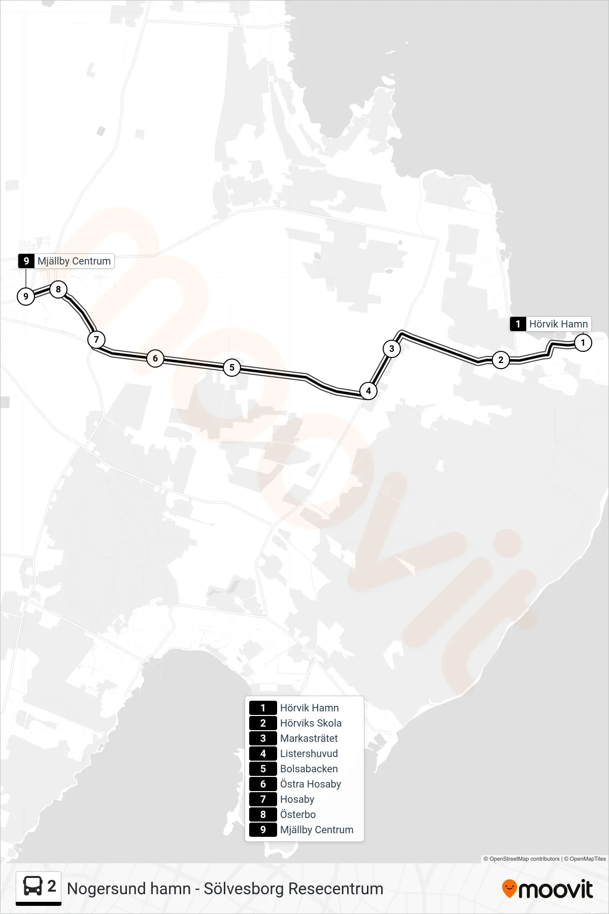 Rutt och hållplatser på karta för linje 2  spårvagn, (Mjällby Centrum)