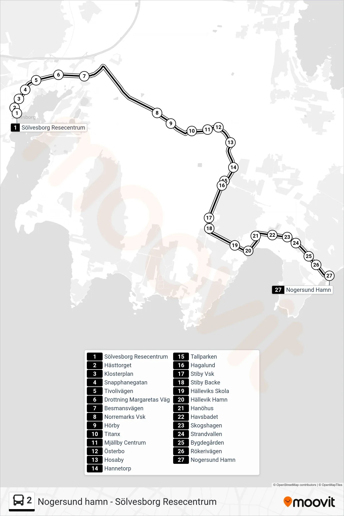 Rutt och hållplatser på karta för linje 2 spårvagn, (Nogersund Hamn)