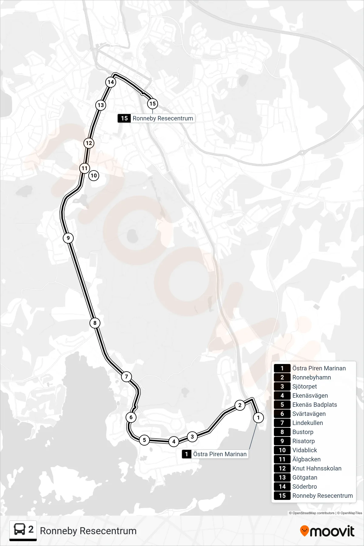 Rutt och hållplatser på karta för linje 2 spårvagn, (Ronneby Resecentrum)