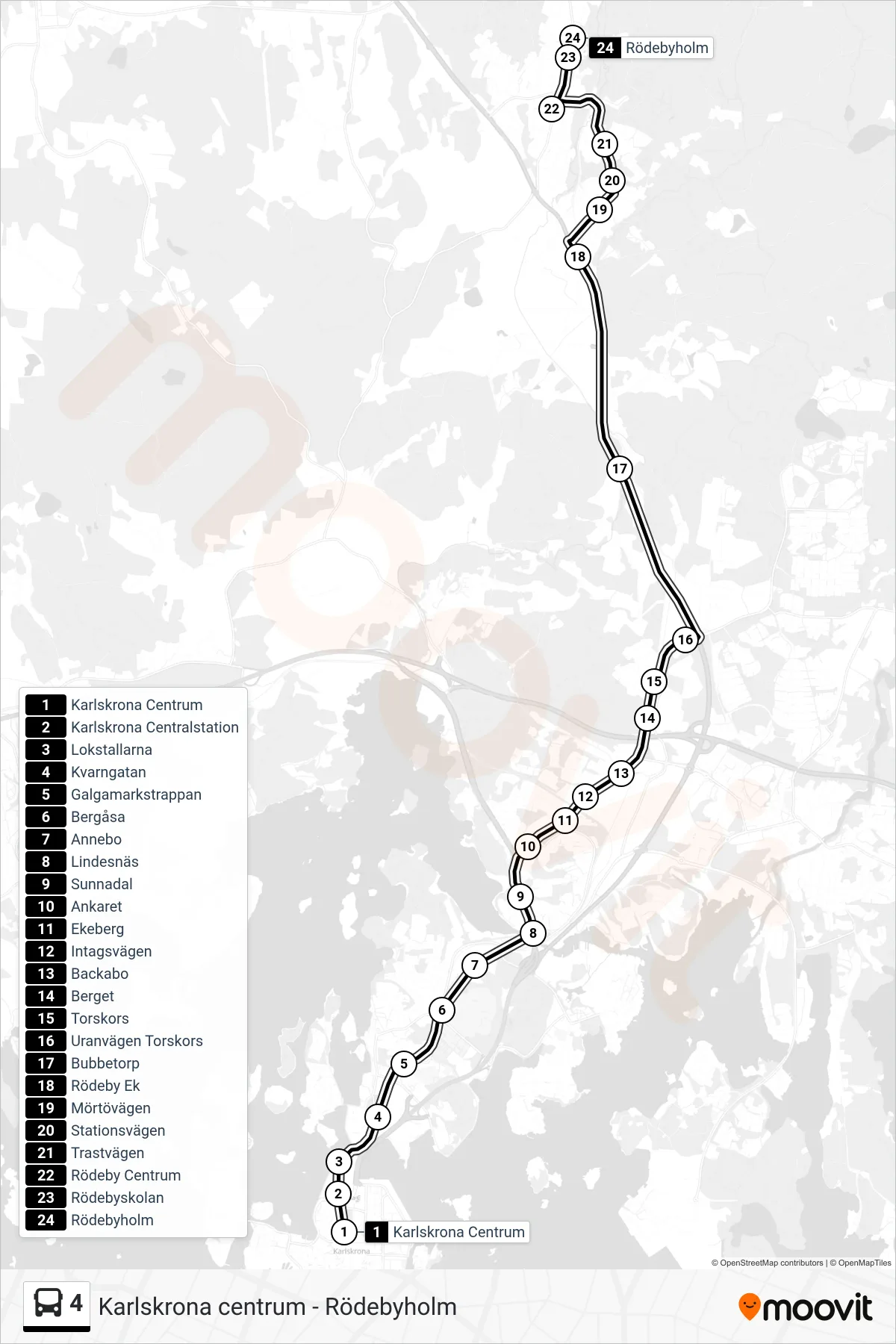 Rutt och hållplatser på karta för linje 4  spårvagn, (Rödebyholm)