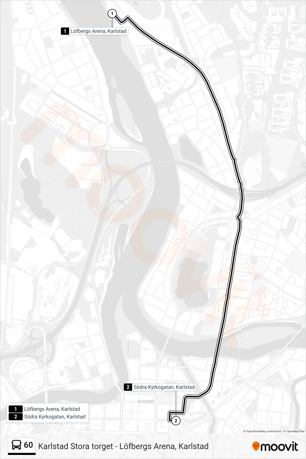 Rutt och hållplatser på karta för linje 60  buss, (Södra Kyrkogatan, Karlstad)