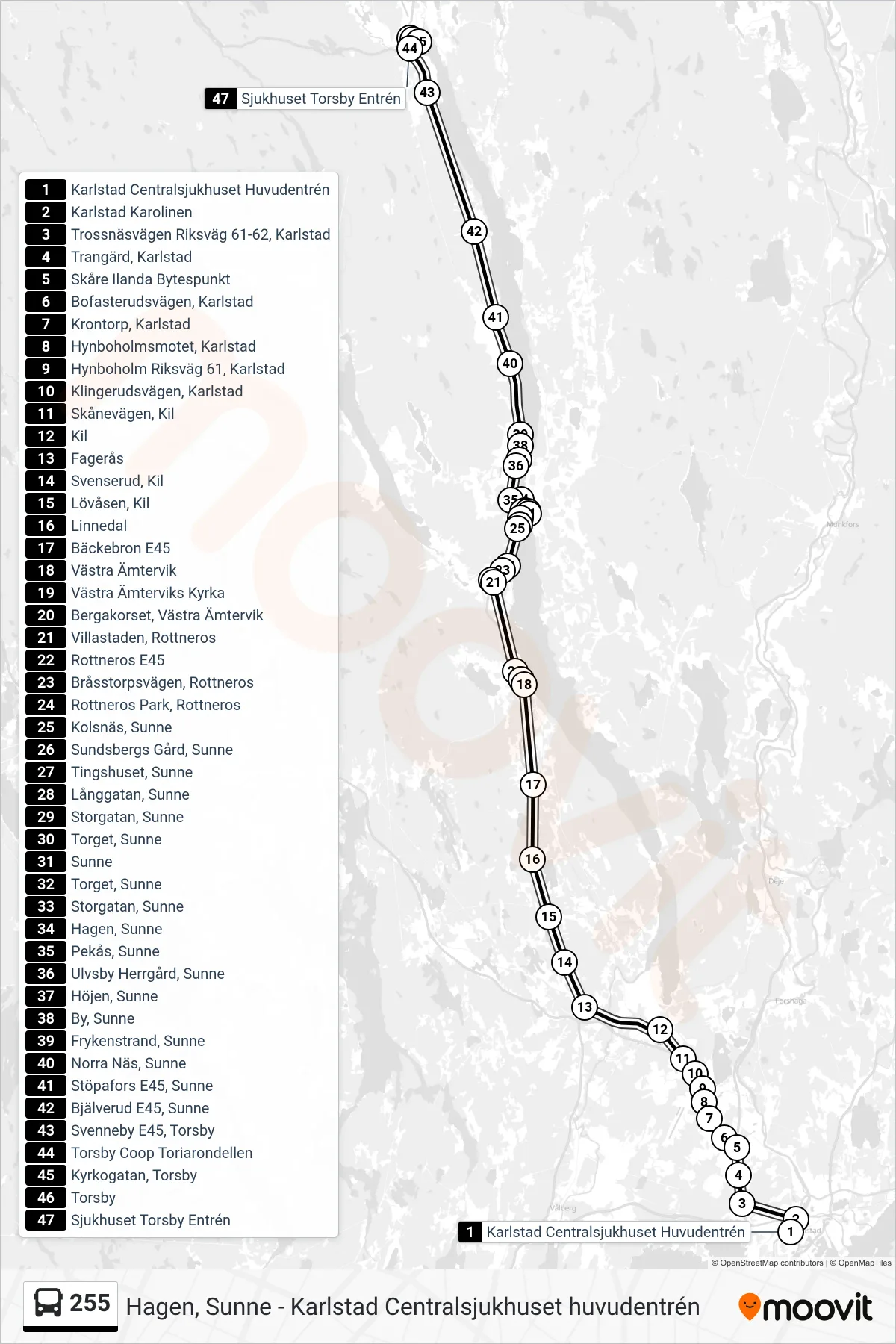 Rutt och hållplatser på karta för linje 255 buss, (Sjukhuset Torsby Entrén)