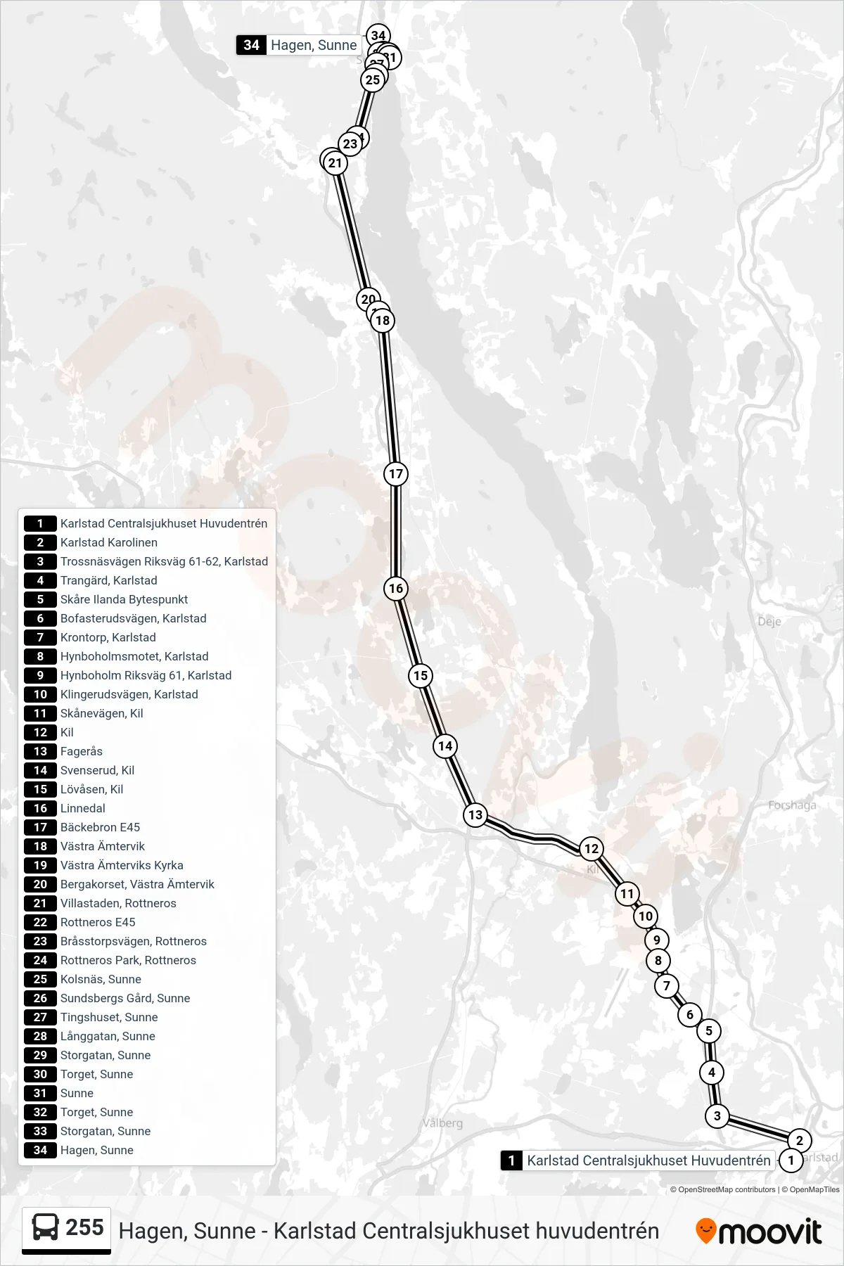 Rutt och hållplatser på karta för linje 255  buss, (Hagen, Sunne)