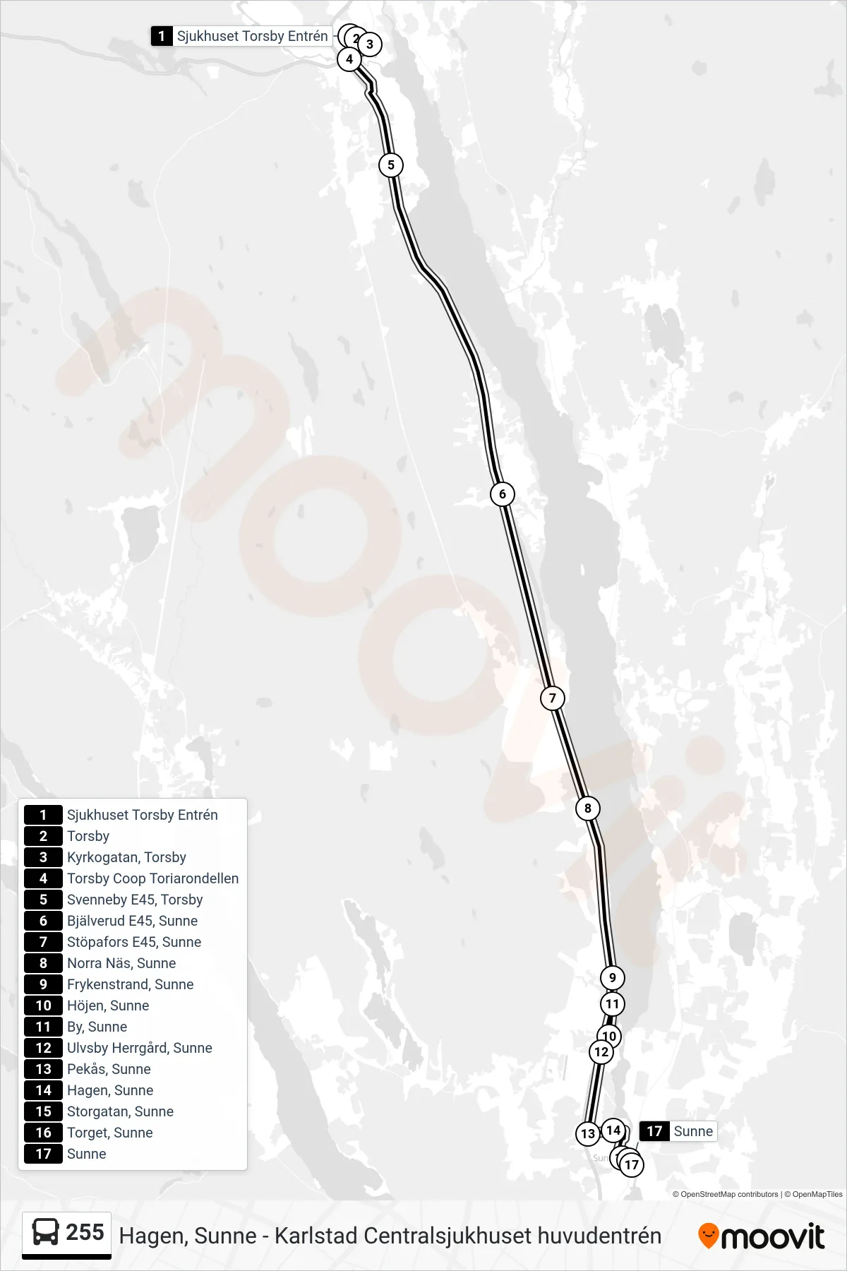 Rutt och hållplatser på karta för linje 255 buss, (Sunne Station)