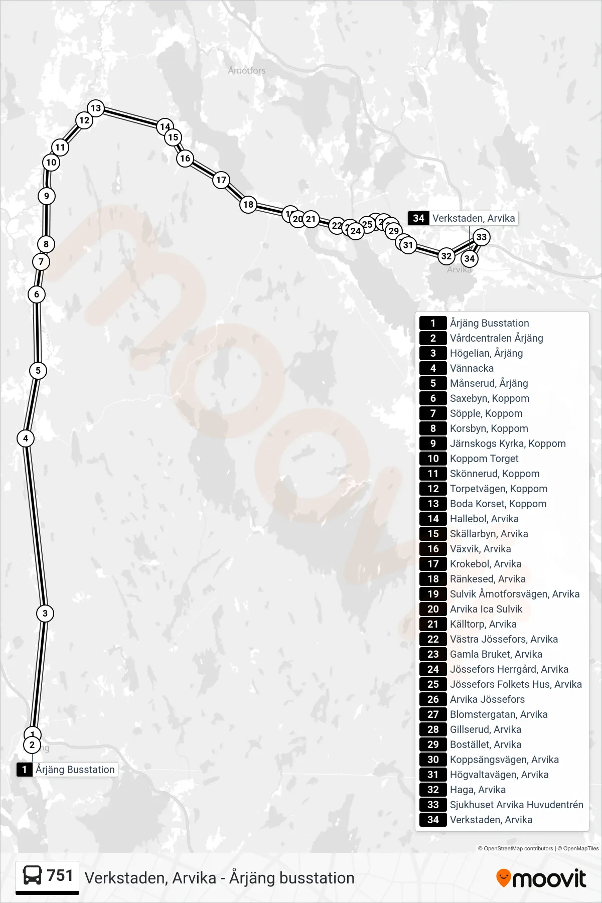 Rutt och hållplatser på karta för linje 751  buss, (Verkstaden, Arvika)