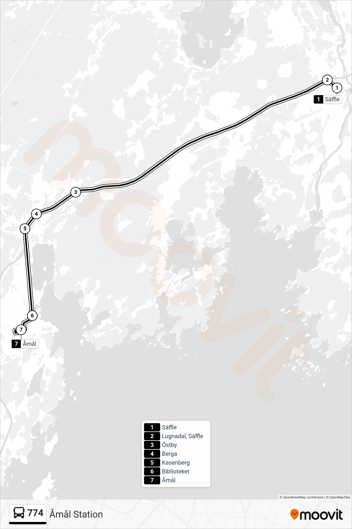 Rutt och hållplatser på karta för linje 774 buss, (Åmål Station)