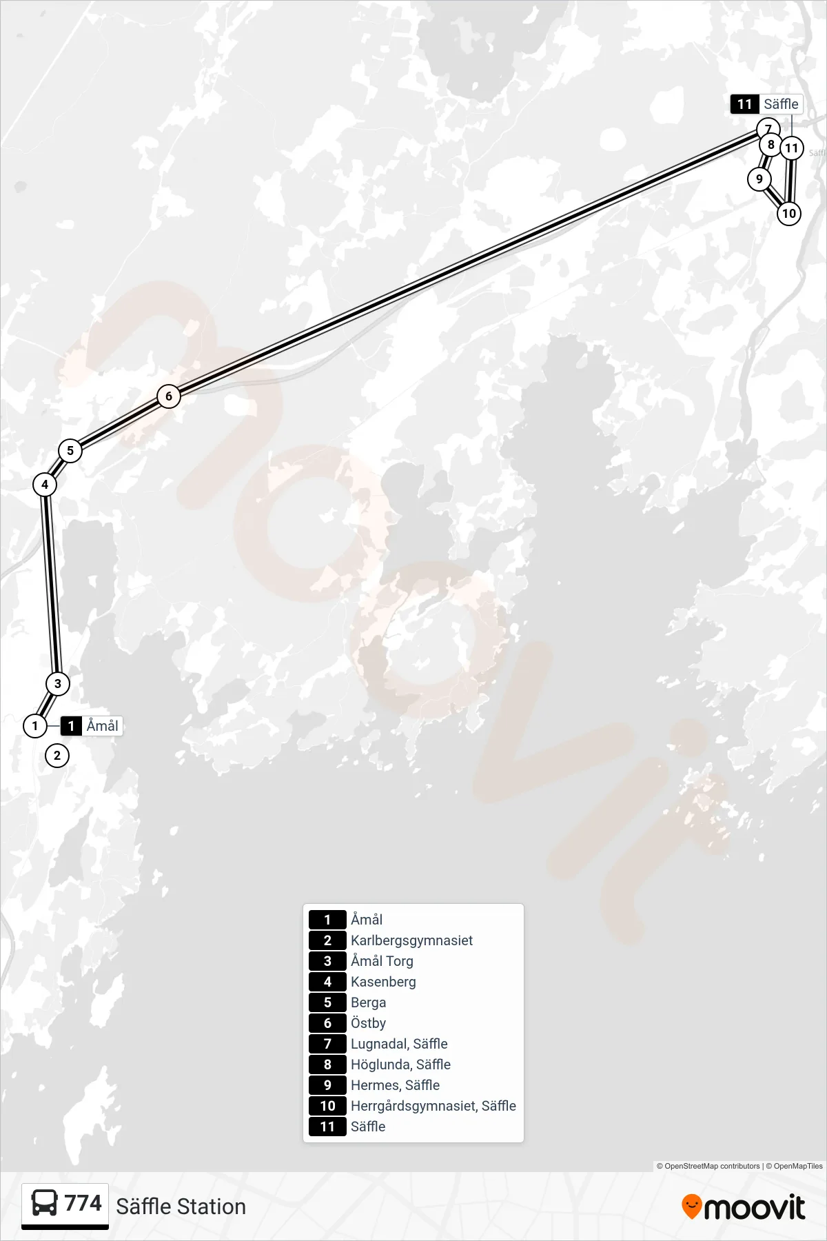 Rutt och hållplatser på karta för linje 774 buss, (Säffle Station)