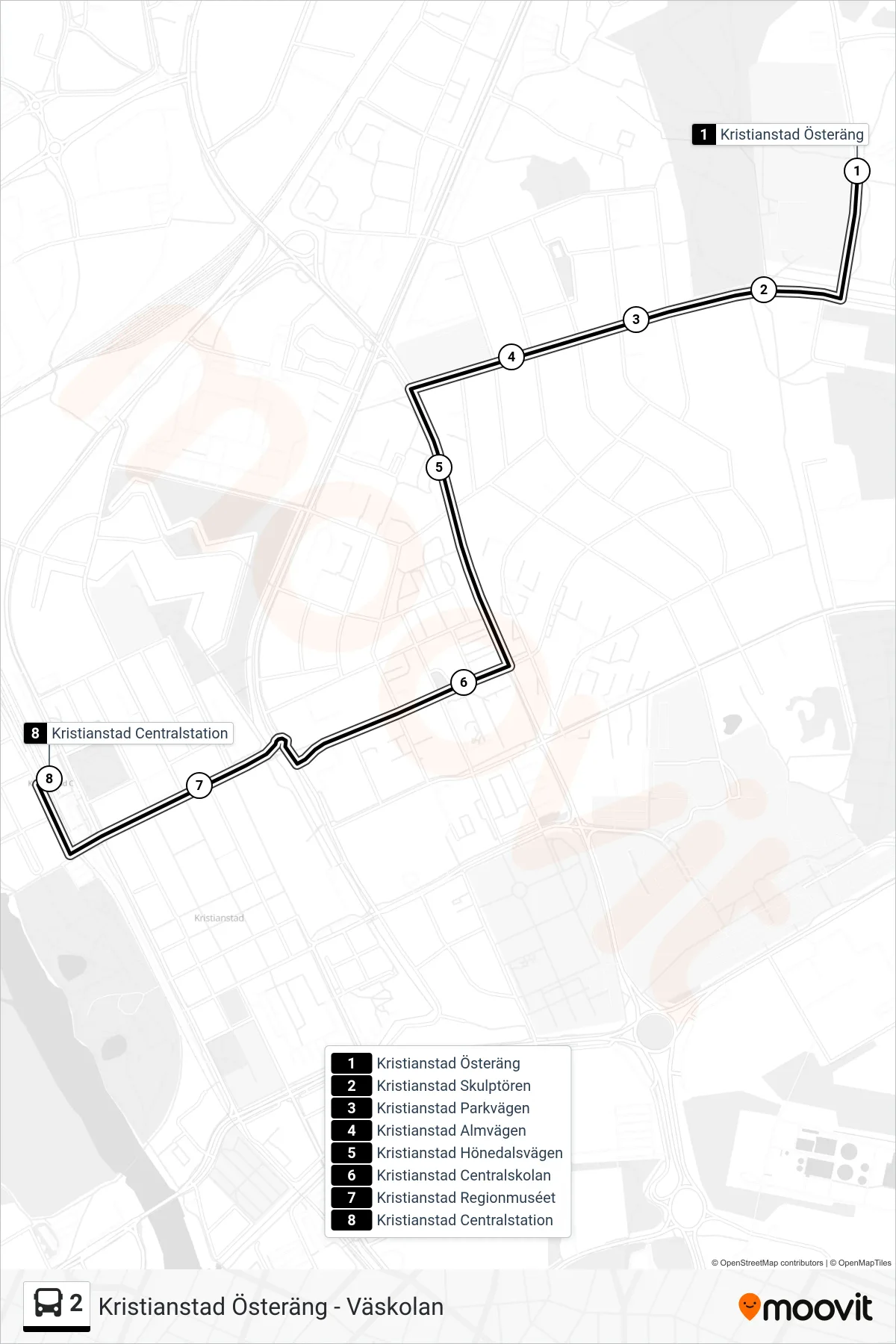 Rutt och hållplatser på karta för linje 2  buss, (Kristianstad Centralstation)