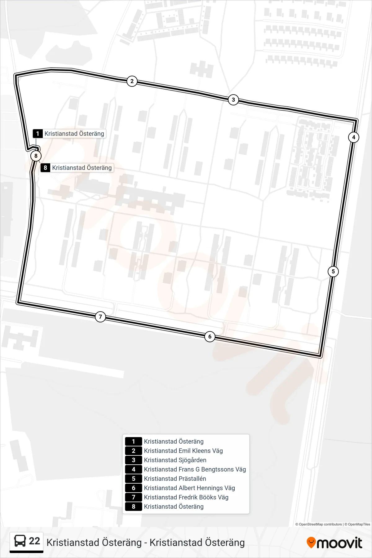 Rutt och hållplatser på karta för linje 22  buss, (Kristianstad Österäng)