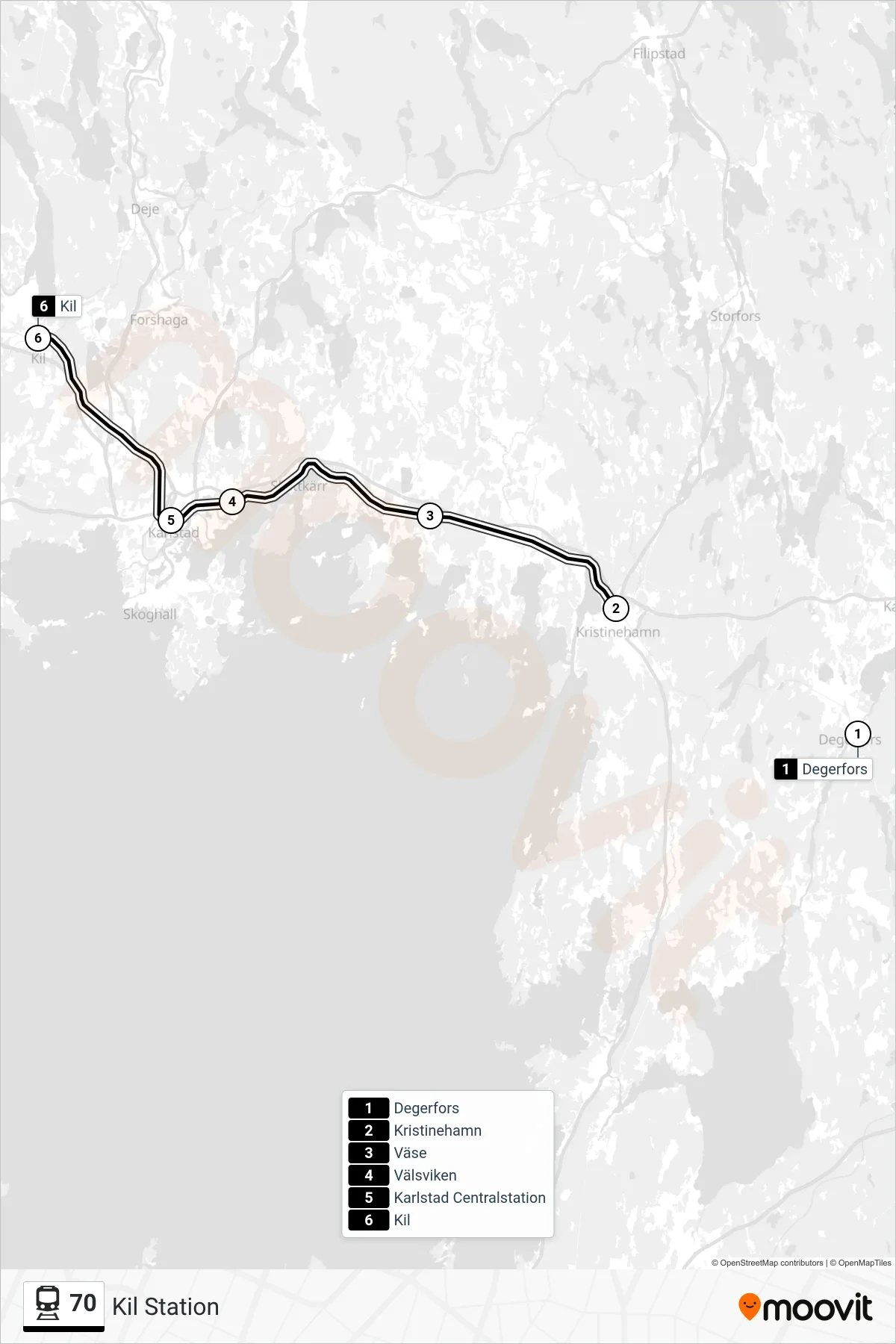 Rutt och hållplatser på karta för linje 70 tåg, (Kil Station)