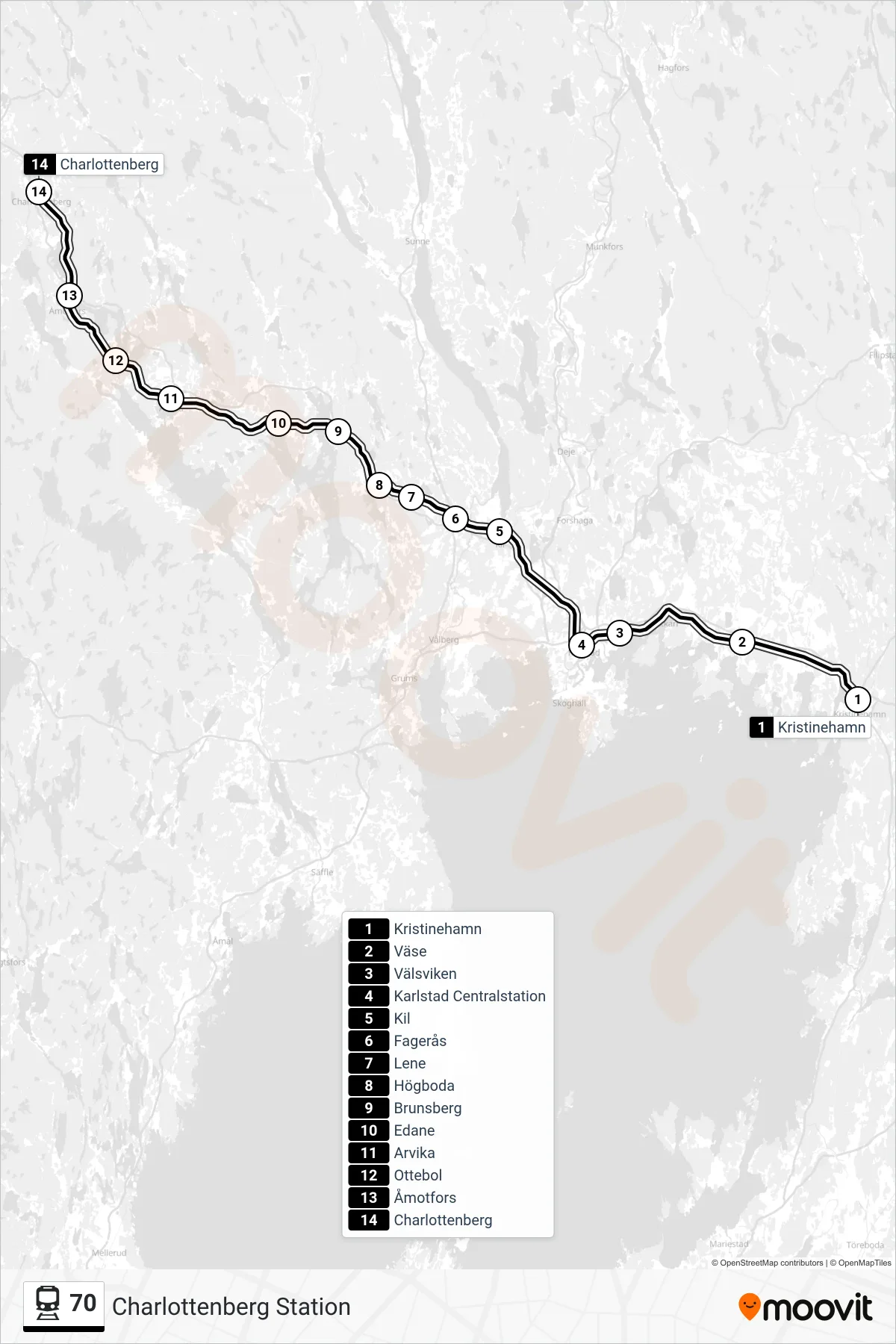 Rutt och hållplatser på karta för linje 70 tåg, (Charlottenberg Station)