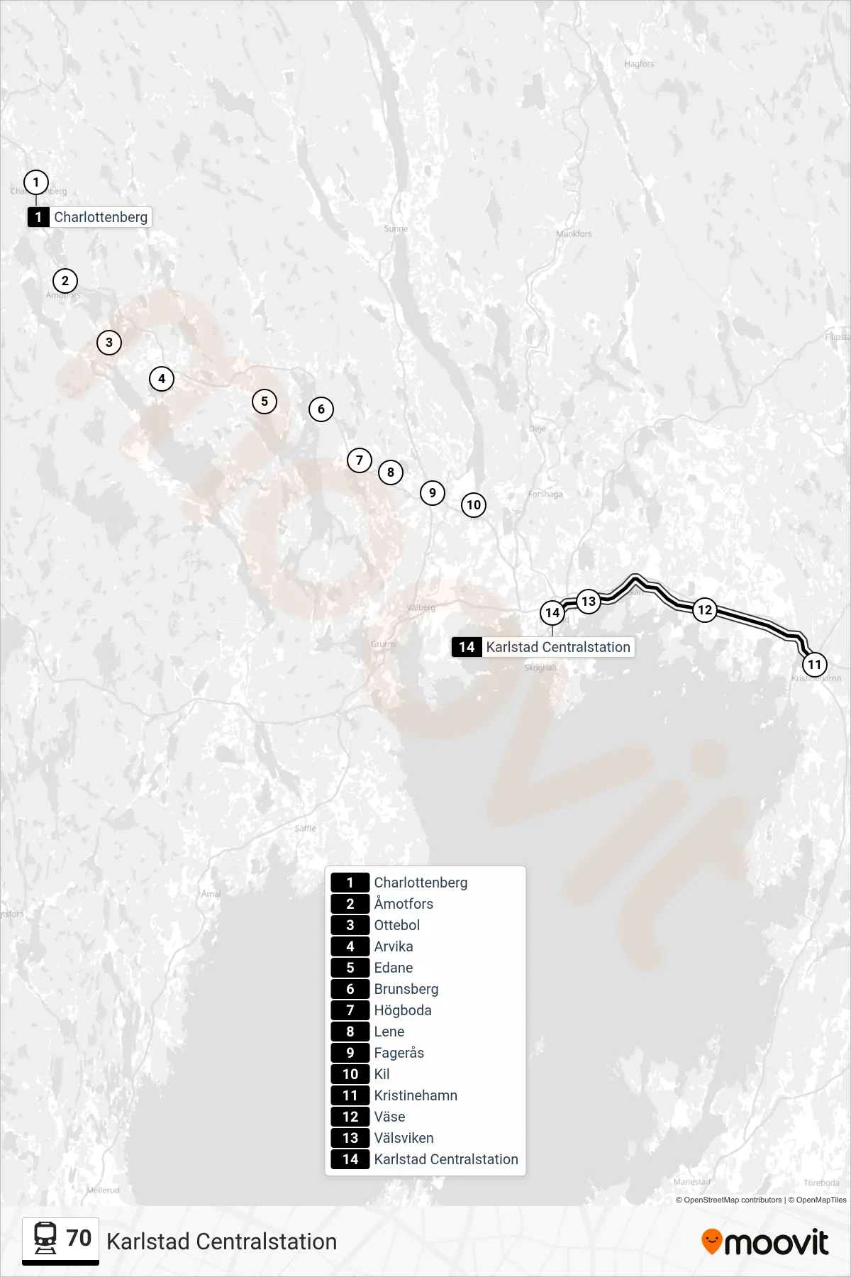 Rutt och hållplatser på karta för linje 70 tåg, (Karlstad Centralstation)