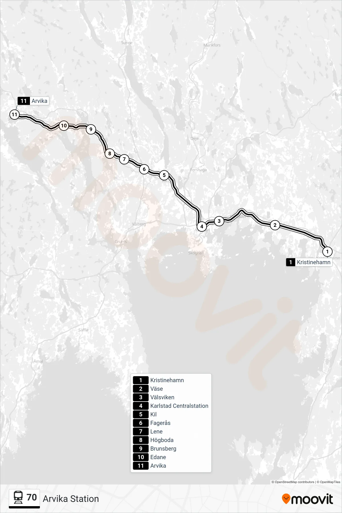 Rutt och hållplatser på karta för linje 70  tåg, (Arvika Station)