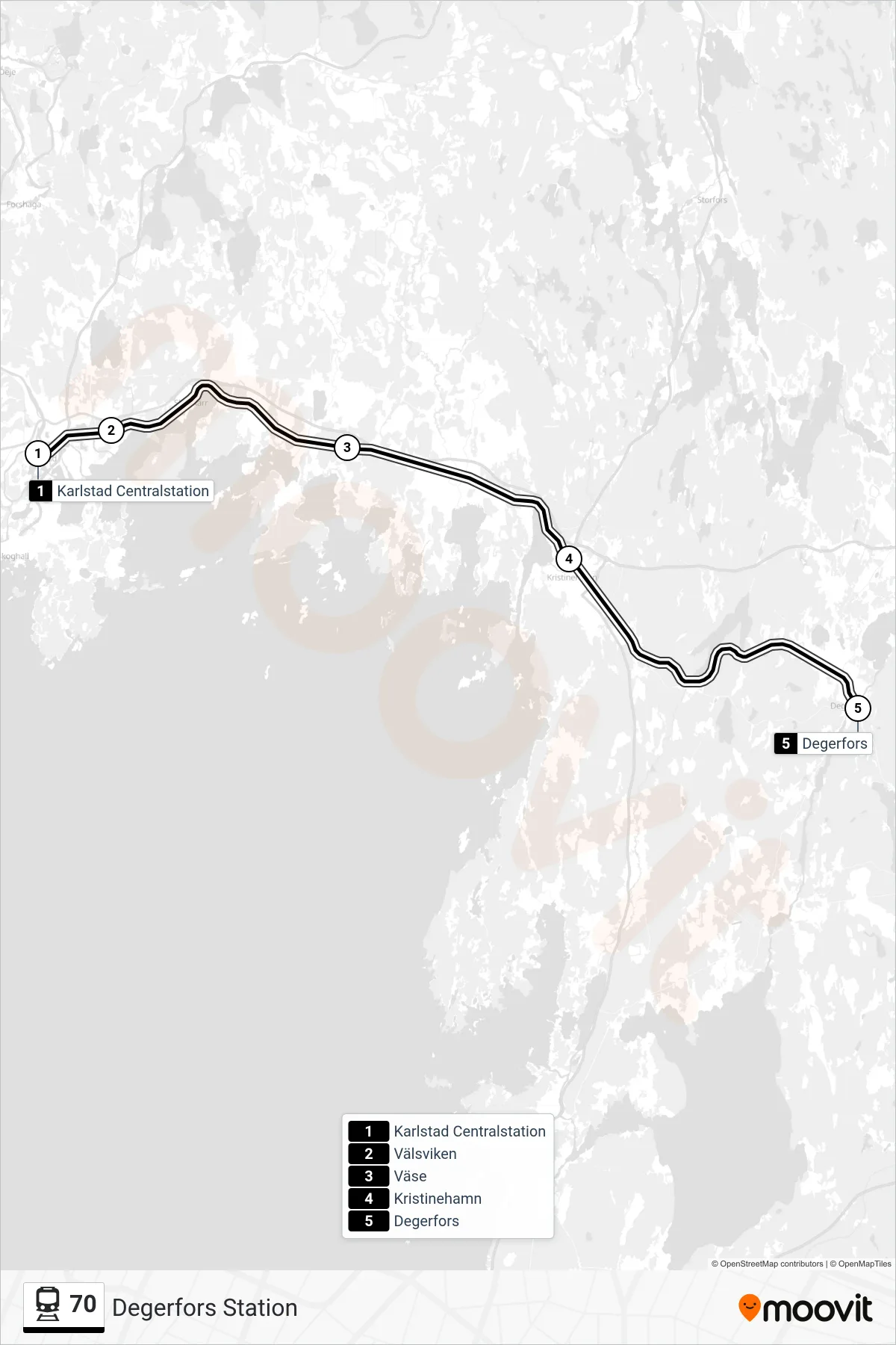 Rutt och hållplatser på karta för linje 70  tåg, (Degerfors Station)