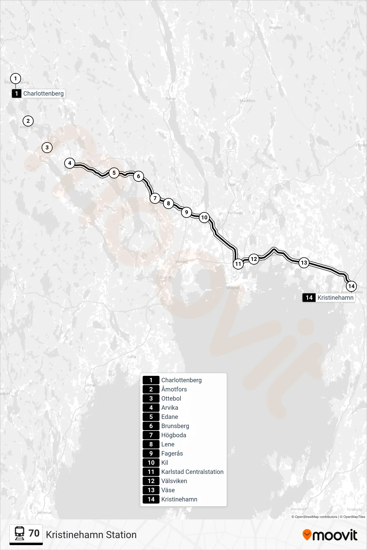 Rutt och hållplatser på karta för linje 70  tåg, (Kristinehamn Station)