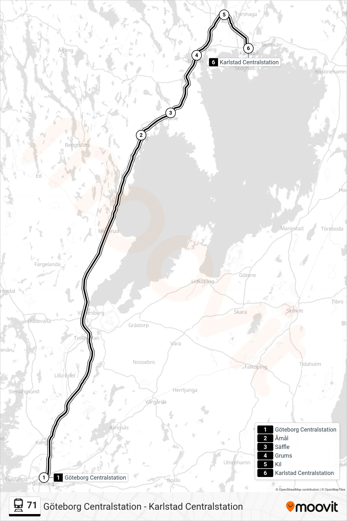 Rutt och hållplatser på karta för linje 71  tåg, (Karlstad Centralstation)